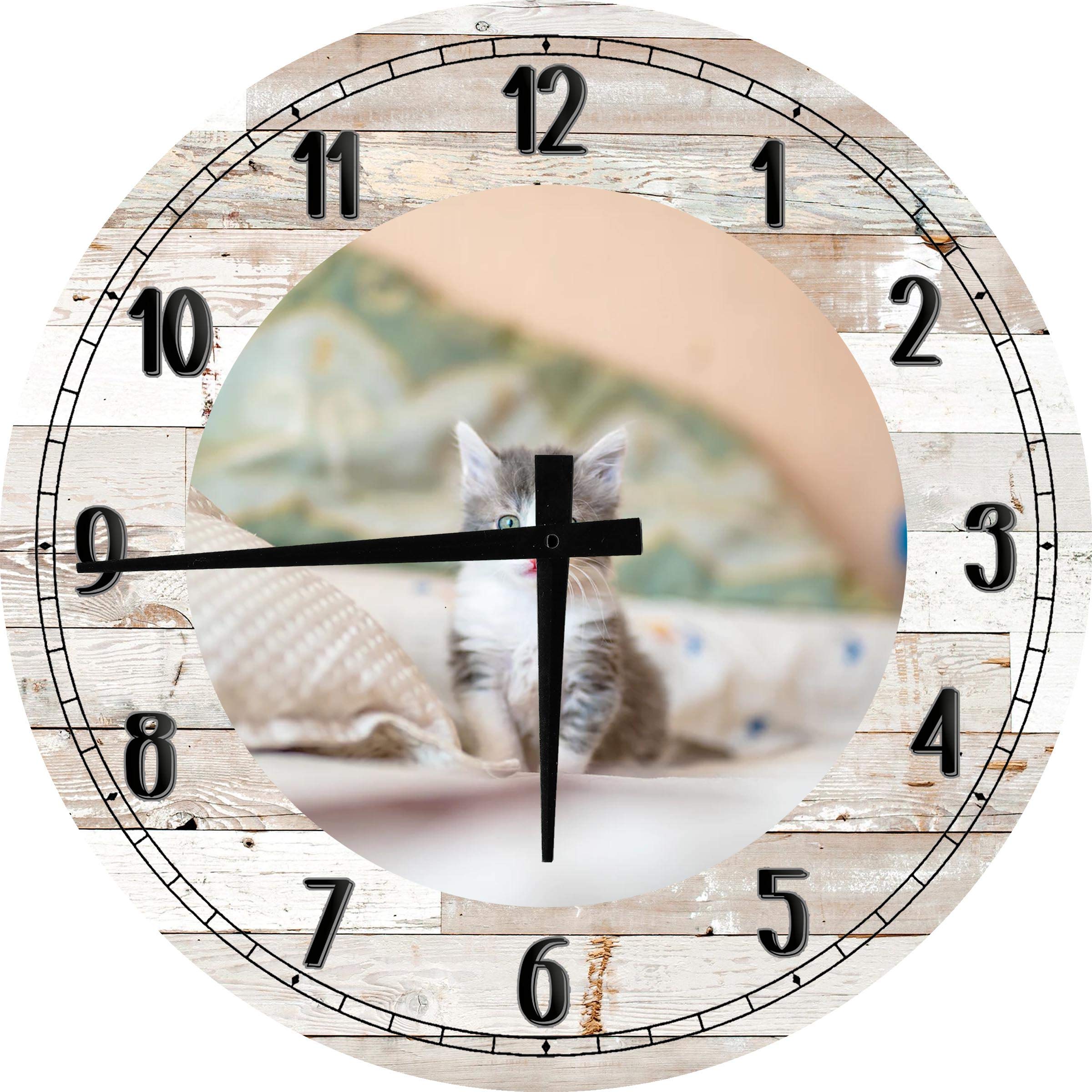Stylish White Round Wood Wall Clock - 12 Inch Large Kitten Wall Art Decor for Bedroom, Living Room & Nursery | Perfect Home & Office Decoration