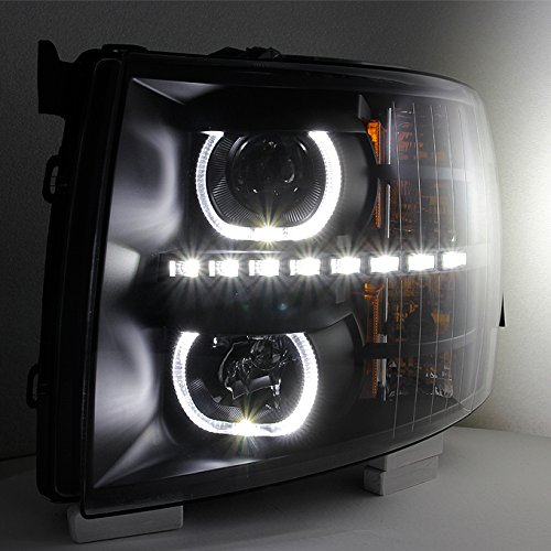 AKKON Black Exclusive Halo Projector SMD DRL LED Headlights Pair for Chevy Silverado - Driver & Passenger Side - Upgrade Your Truck's Style & Night Visibility
