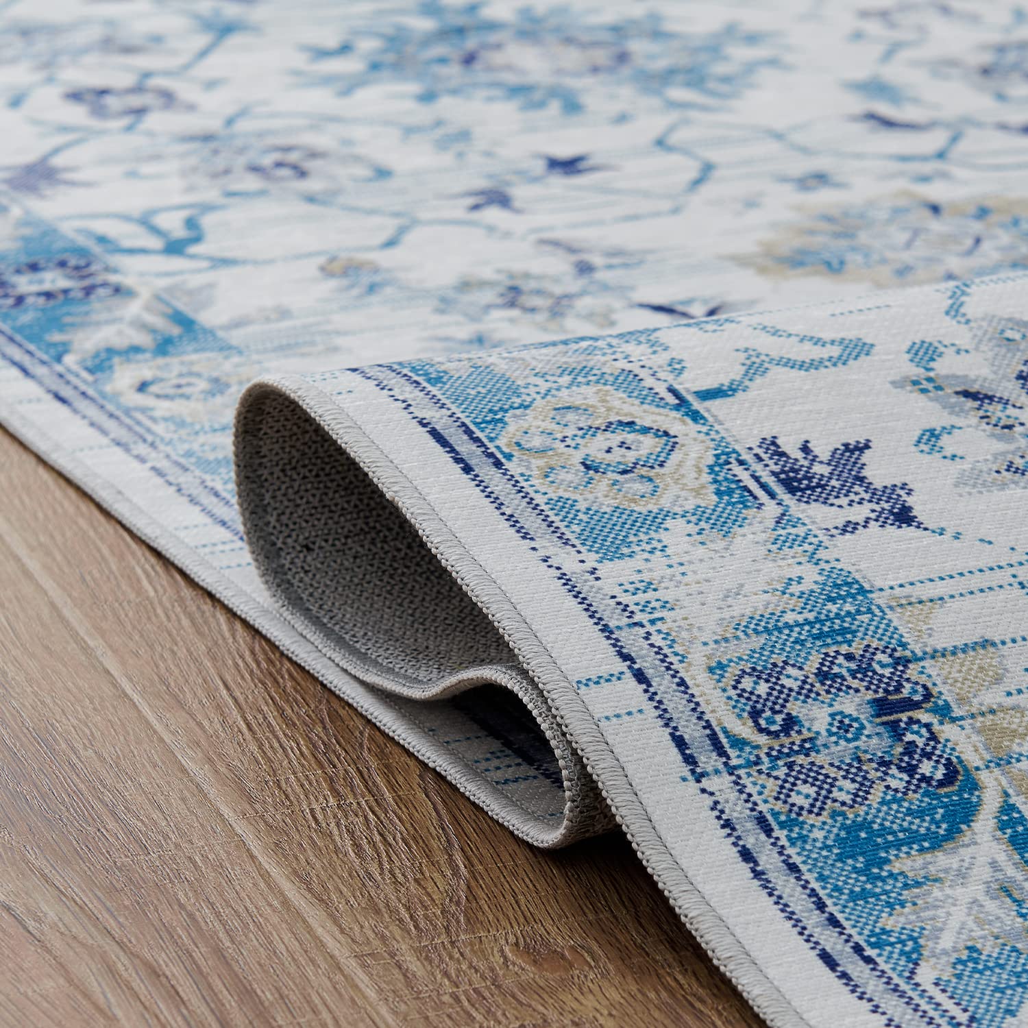Jinchan Washable Blue Floral Print 5x7 Non-Slip Accent Rug - Soft Foldable Thin Bath Mat for Bedroom, Living Room, Dining Room | Perfect for Home Decor, Guest Rooms & Cozy Spaces