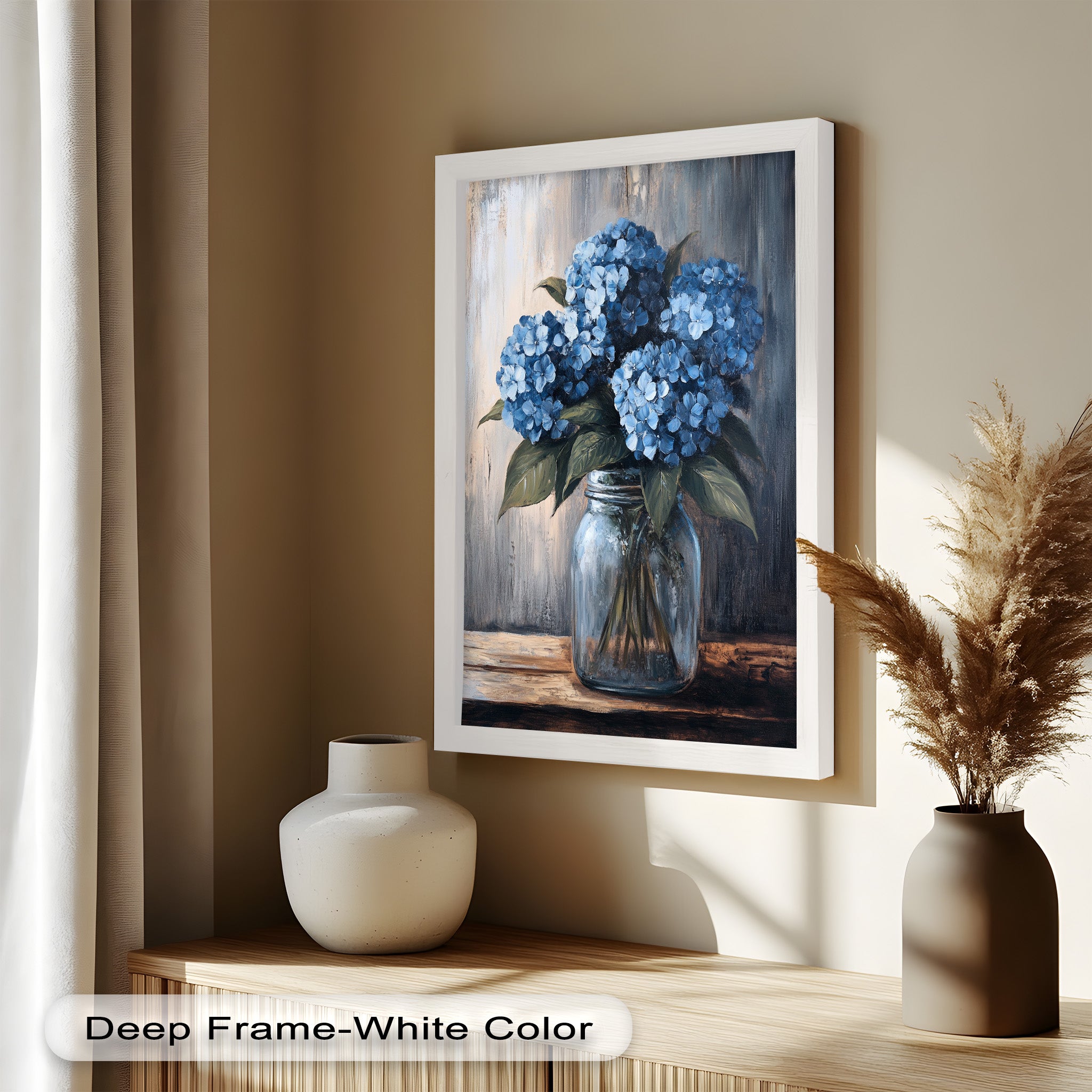 Blue Serenity Hydrangea Blooms in Mason Jar - Floral Oil Painting Wall Art for Home Decor, Living Room, Bedroom & Office | Handmade Canvas Artwork