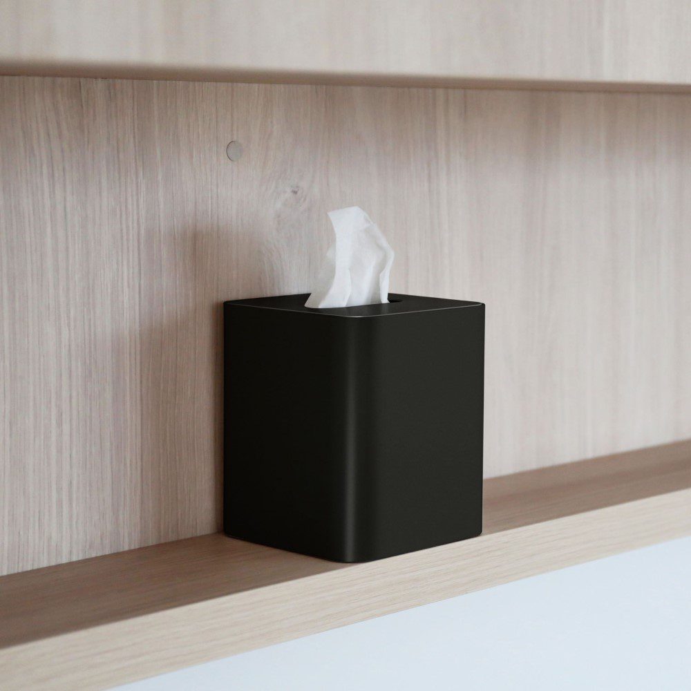 DESIGNSTUFF Square Tissue Box with Metal Lid - Black & Black | Modern Home Decor for Living Room, Bedroom, or Office