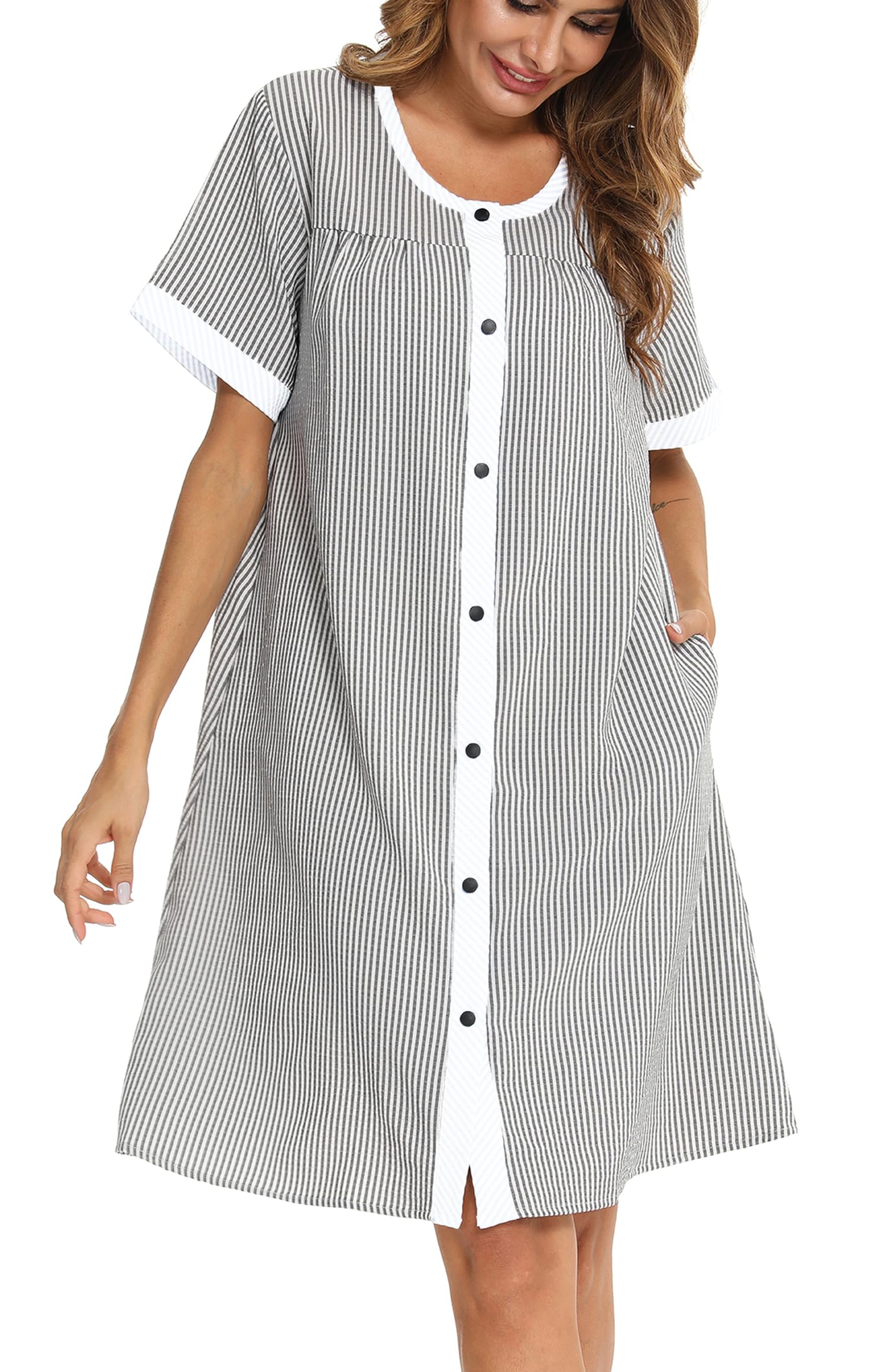 YOZLY Women's Short Sleeve House Dress with Pockets - Comfortable Home Robe, Duster & Moomoo Nightgown for Lounging, Sleeping & Housework