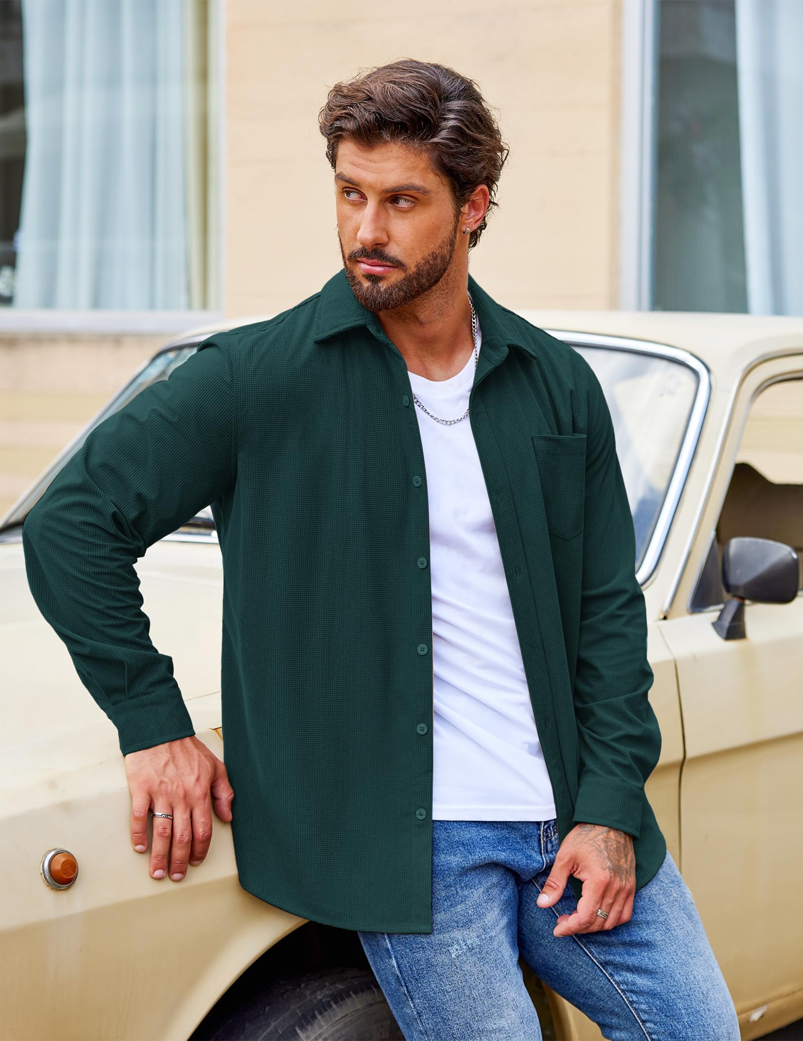 COOFANDY Men's Waffle Knit Button Down Shirt - Casual Long Sleeve Shacket Jacket with Pockets for Fall & Winter | Perfect for Outdoor Activities, Date Nights and Office Wear