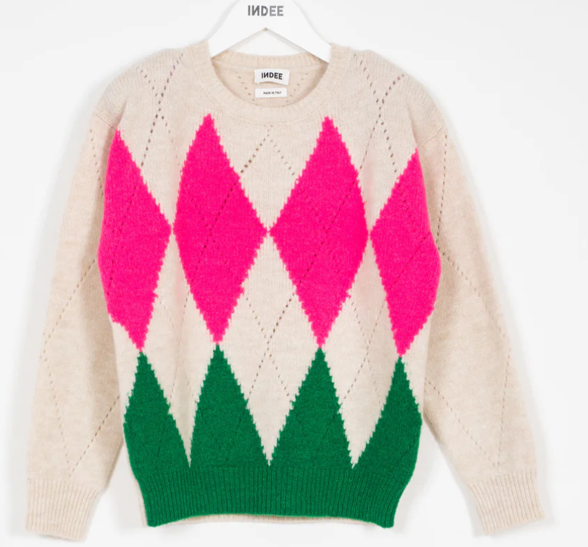 Indee Rosa Knitted Jacquard V-Neck Pullover Sweater for Women - Size 10 Large | Cozy Winter Fashion, Office Wear & Casual Outfit