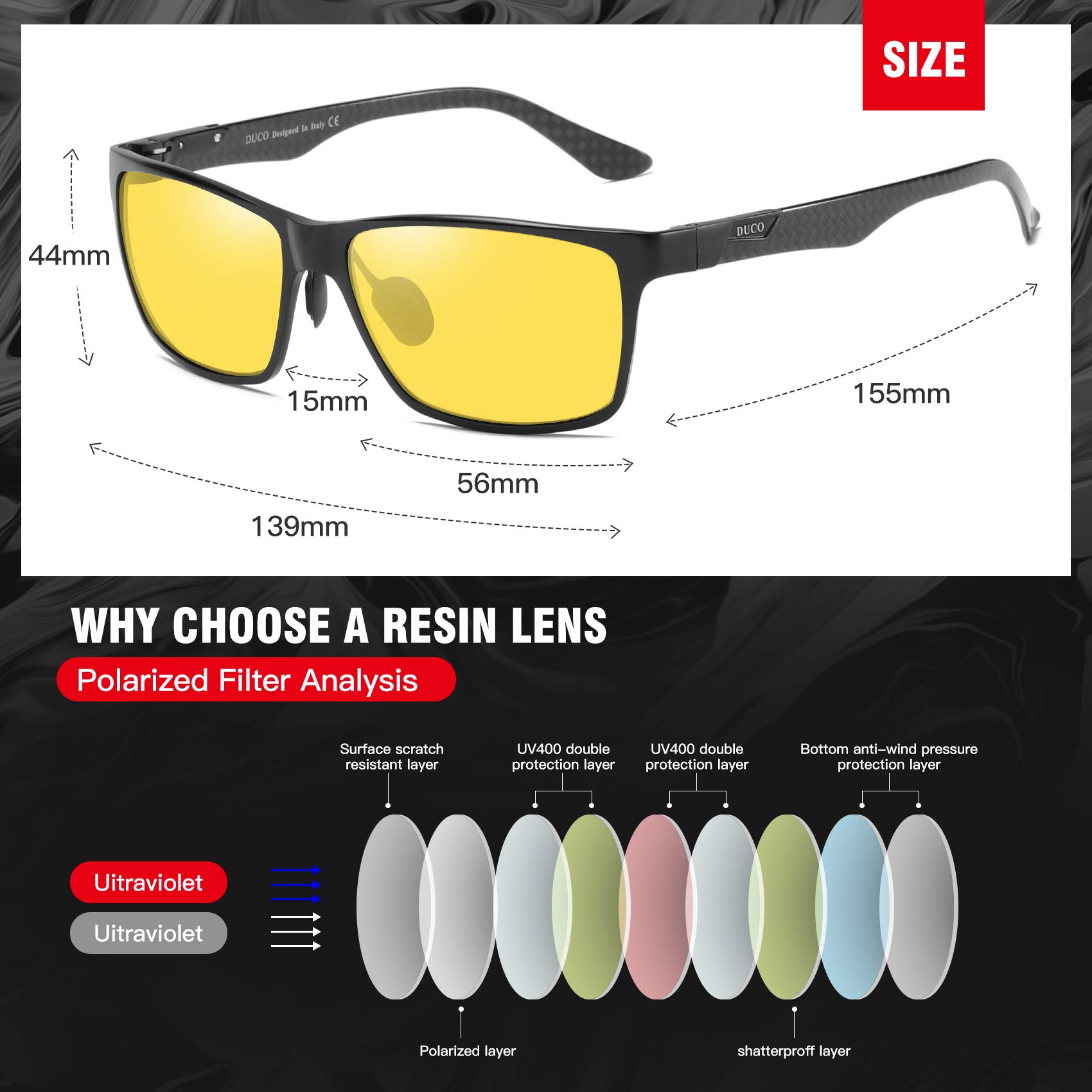 DUCO Night Driving Glasses for Men - Carbon Fiber Frame, Anti-Glare HD Night Vision, Polarized Sunglasses for Safe Night Driving | Perfect for Commuting, Road Trips & Low-Light Conditions