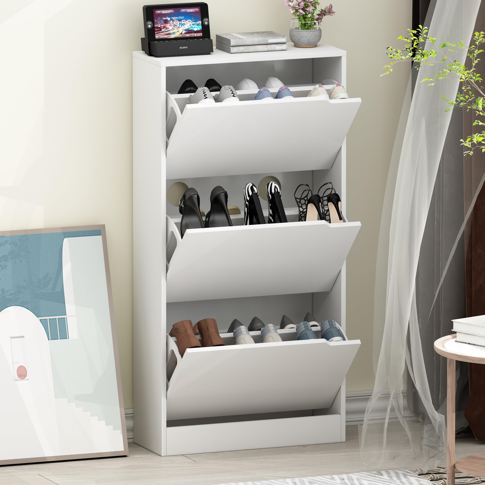 White Shoe Storage Cabinet with 3 Flip Drawers - Freestanding Hidden Wood Shoe Organizer for Entryway, Hallway, Closet (47.2