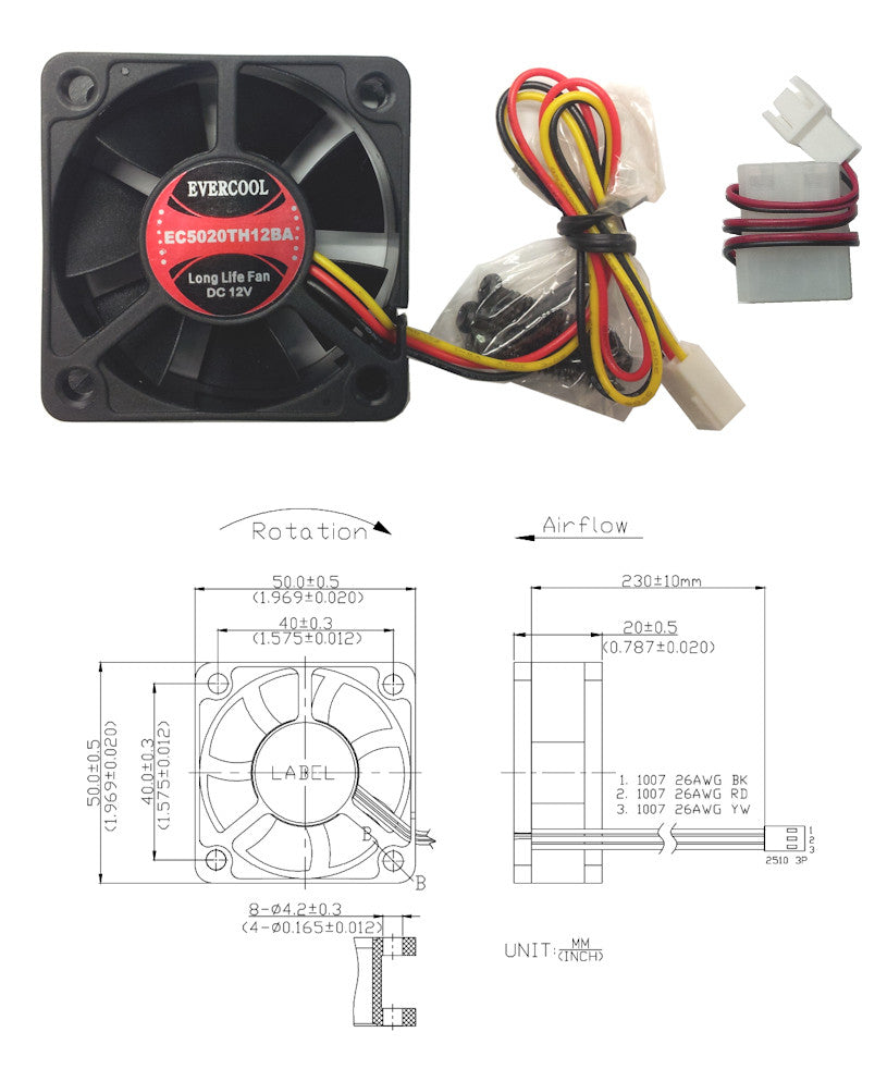 Evercool High Speed 50x50x20mm 12V 3 Pin Cooling Fan with Connector - EC5020TH12BA - Perfect for PC Cooling, Gaming Rigs, and Electronic Devices