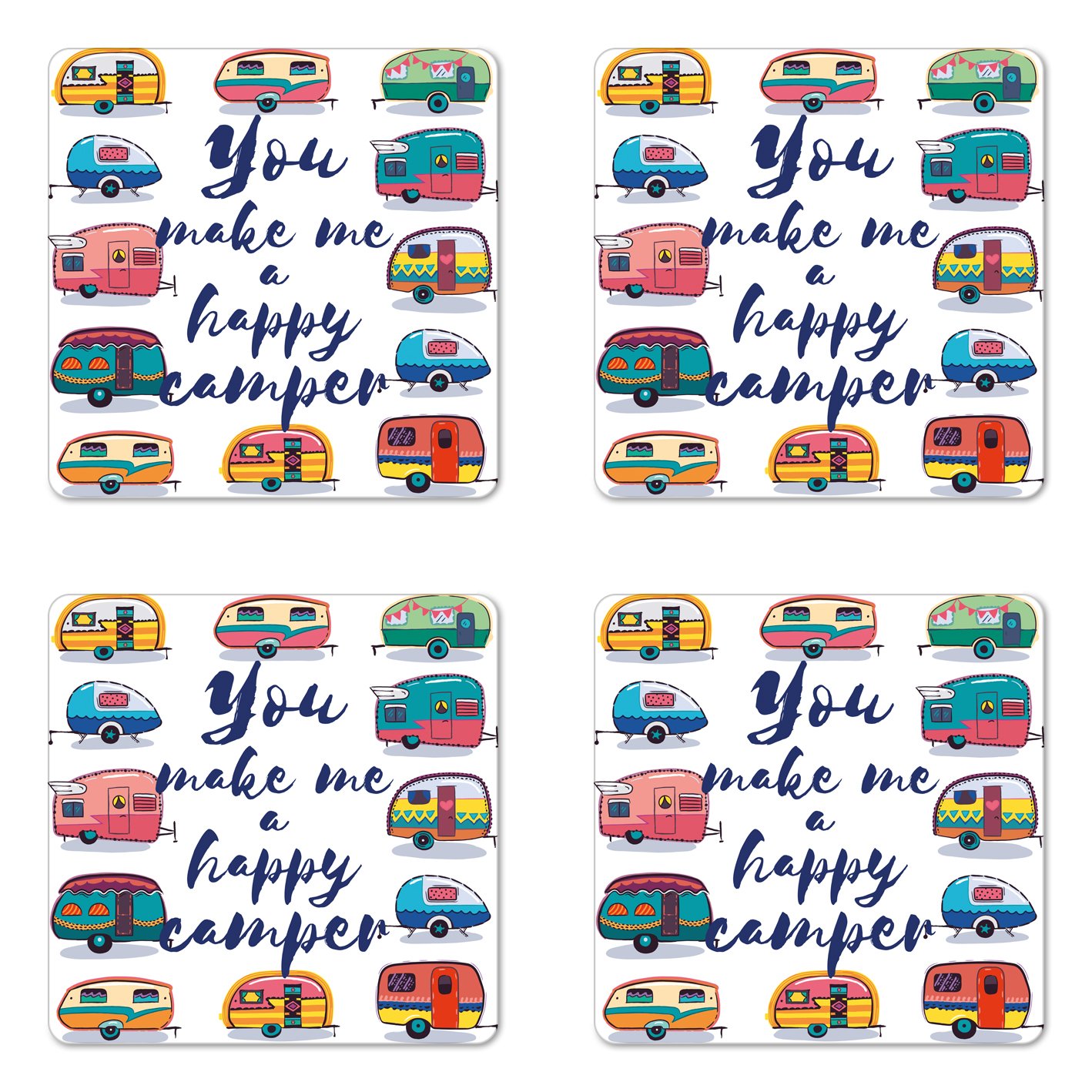 Lunarable Camper Coaster Set of 4 - Motivational Travel-Themed Coasters with Retro Caravan Design, Square Hardboard Glossy Drink Coasters for Home, Office, RV & Camping (Indigo & Yellow)