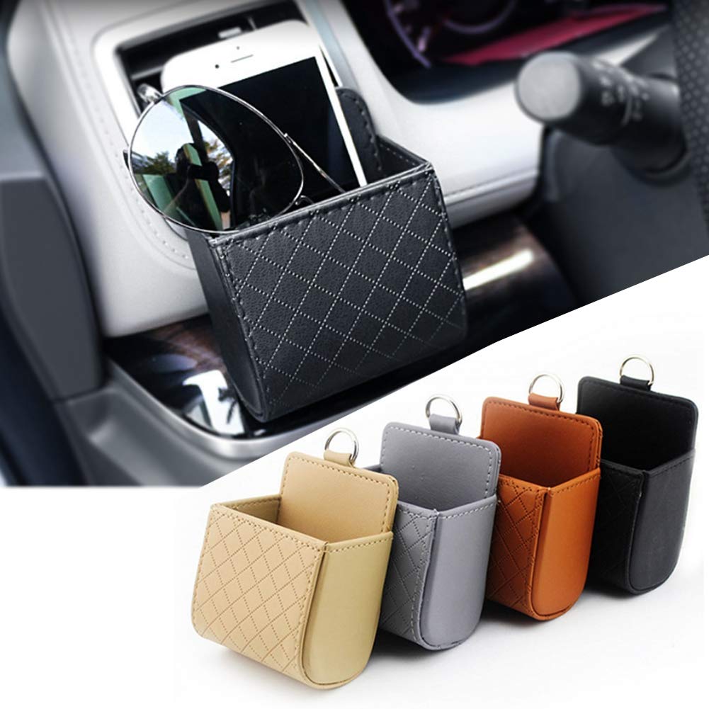 Universal Car Air Vent Storage Organizer - PU Leather Phone & Sunglass Holder with Hook for Keys, Cards, Coins - Perfect for Road Trips & Daily Commute (Black)