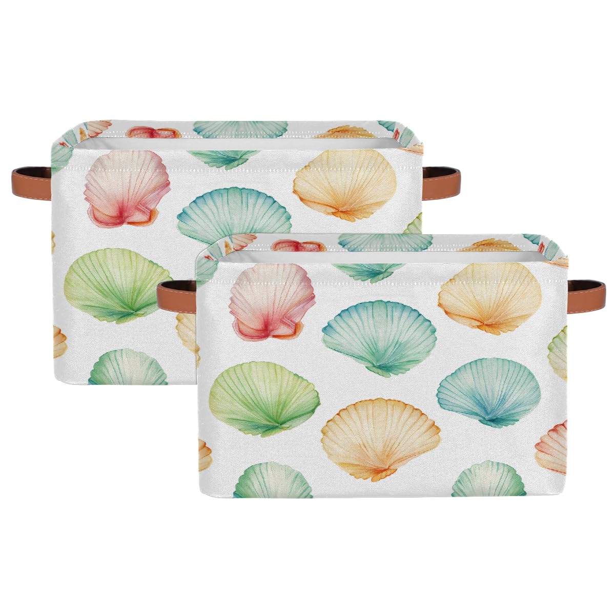 Foldable Decorative Storage Baskets with Handles - 2 Pack Colorful Ocean Seashell Design for Shelves, Home Organization | Perfect for Bathroom, Bedroom & Closet Storage