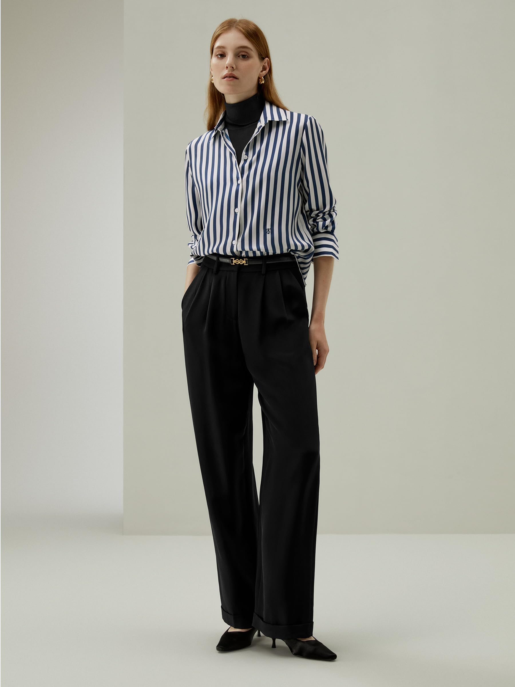 LilySilk Women's 100% Pure Silk Blouse - V-Neck Long Sleeve Blue & White Pinstripe Shirt for Work, Office, and Casual Wear | All-Season Comfort & Elegance | Perfect for Business Meetings, Date Nights, and Professional Outfits