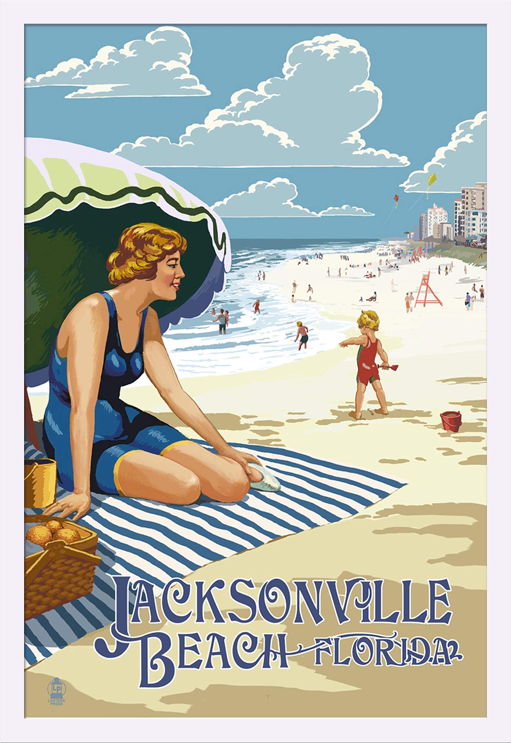 Jacksonville Beach Florida Woman & Beach Scene 34182 - 24x36 Giclee Art Print Gallery Framed in White Wood - Perfect for Coastal Home Decor, Beach House Wall Art & Living Room Aesthetic