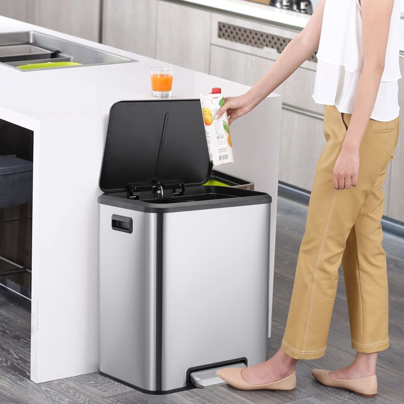 GARVEE 2x4 Gallon Stainless Steel Dual Compartment Trash Can and Recycling Bin with Removable Inner Buckets & Soft Close Lid - Ideal for Kitchen, Home, Office, and Business Use (Silver)
