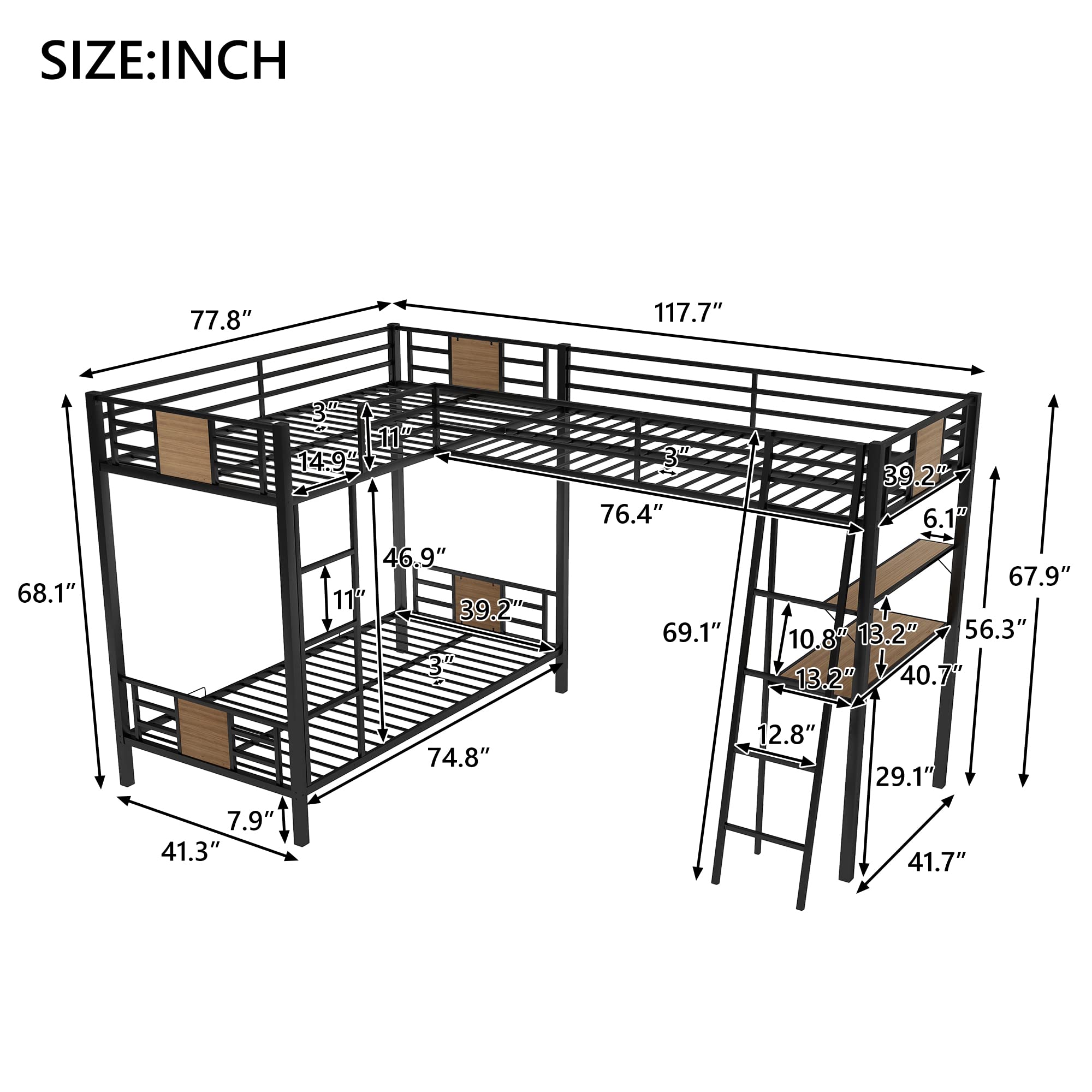 Sturdy Metal L-Shaped Triple Bunk Bed with Twin Over Twin & Loft Bed - Includes Built-in Desk & Shelves - Space-Saving 3-Tier Bunk Bed for Kids, Teens & Adults - Brown Finish - Perfect for Small Bedrooms, Dorms & Shared Kids' Rooms