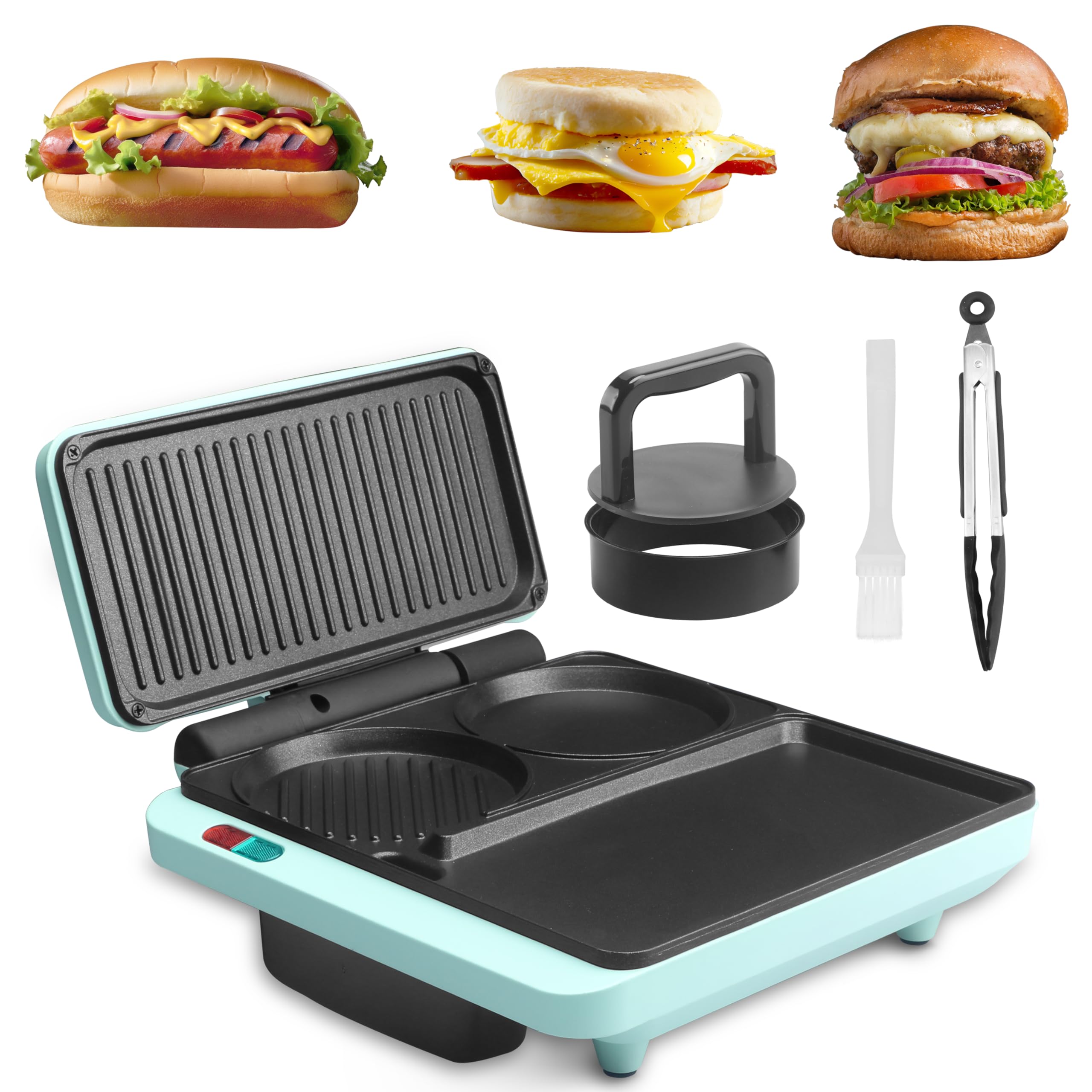 Baker's Friend 3-in-1 Electric Breakfast Sandwich Maker & Griddle - Nonstick Surface for Egg Muffins, Burgers, Hot Dogs & Pancakes - Includes Burger Press, Tongs & Cleaning Brush - Perfect for Quick Breakfasts, Brunch Parties & Camping Meals