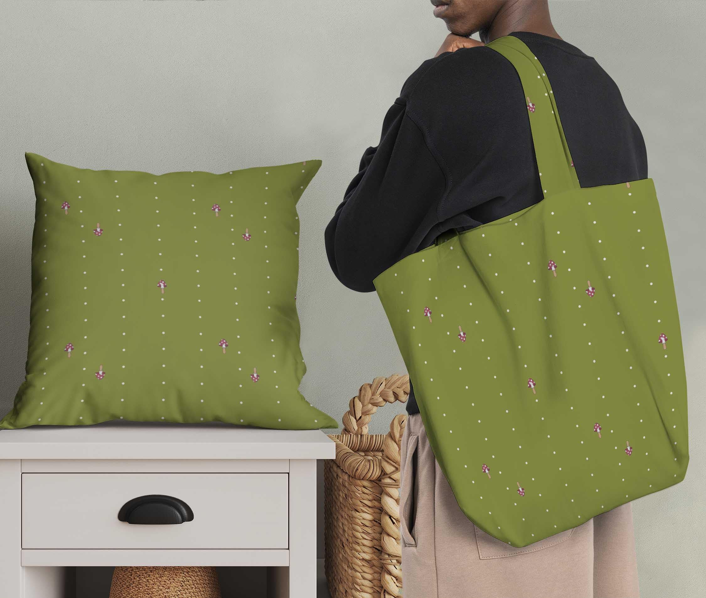 Soimoi Moss Georgette Green Fabric by The Yard - 42 Inch Wide Printed Fabric with Mushroom & Dots Pattern - Soft Draping Material for DIY Crafts, Dressmaking, Home Decor and Sewing Projects