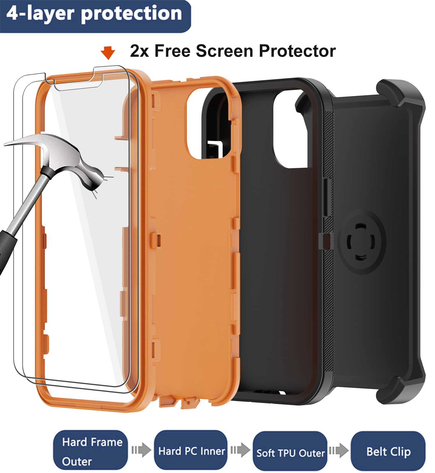 **Military Grade Shockproof iPhone 11 Pro Max Case with Belt Clip Holster – 2 Pack Screen Protectors Included | Heavy Duty Full Body Protection, Rugged Cover (Orange) – Perfect for Outdoor, Construction & Active Lifestyles**