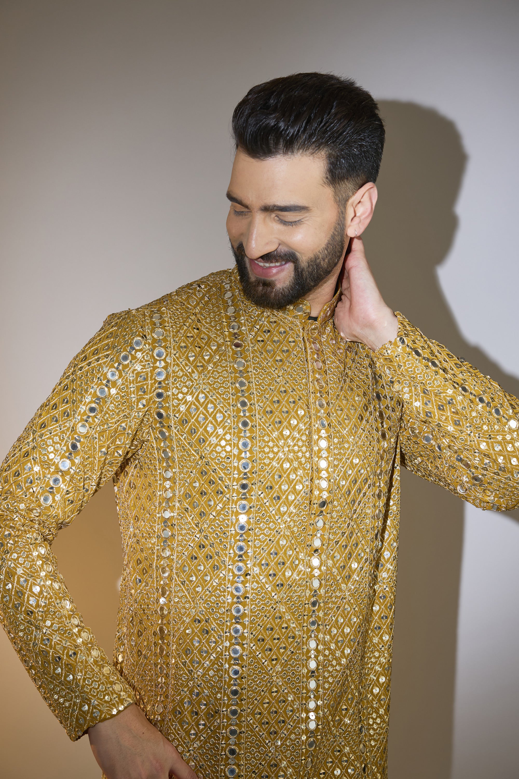 Mustard Mirror Work Kurta with Intricate Zari Embroidery - Elegant Ethnic Wear for Festivals, Weddings & Special Occasions
