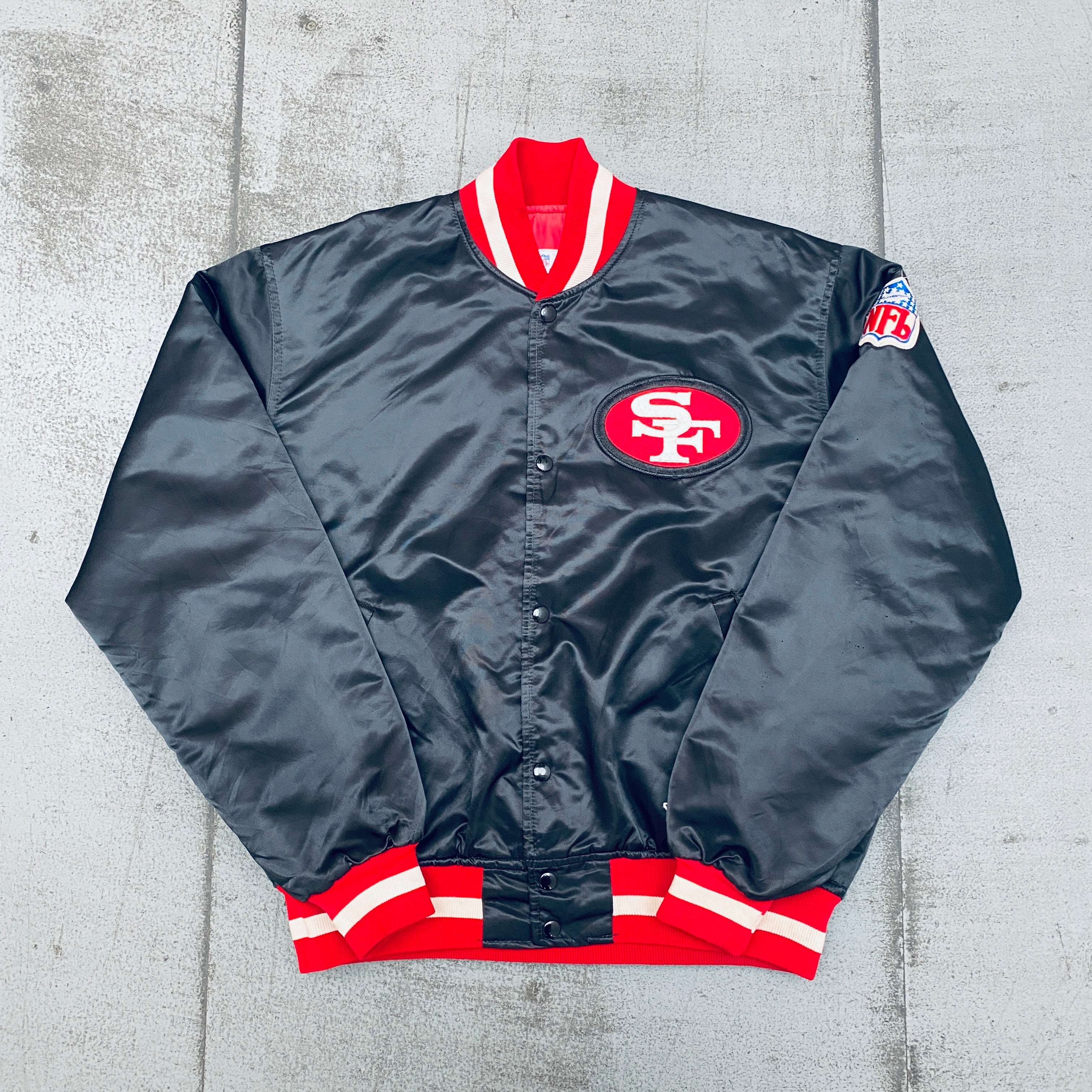 1980s San Francisco 49ers Blackout Satin Reverse Spellout Starter Bomber Jacket - Vintage NFL Football Fan Apparel for Men (Large) - Perfect for Game Day, Tailgating, and Retro Sports Fashion