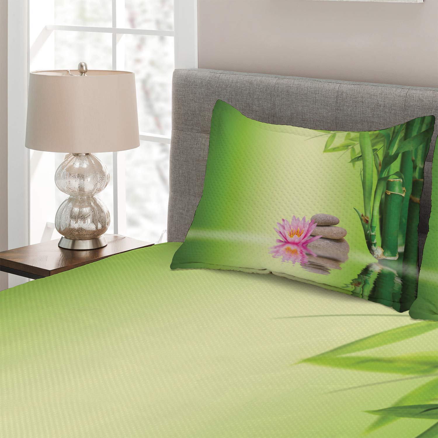 Ambesonne 3-Piece King Size Quilted Bedspread Set with 2 Pillow Shams - Garden Print Spa Coverlet in Green & Pink | Mindful Decor for Bedroom, Meditation Space & Cozy Home Retreat