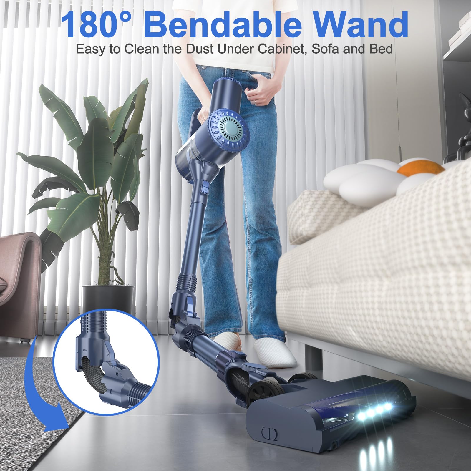 Powerful 6-in-1 Cordless Stick Vacuum Cleaner with 180° Bendable Wand - Lightweight, Self-Standing & Rechargeable for Hardwood Floors (Blue) - Perfect for Pet Hair, Carpet & Home Cleaning