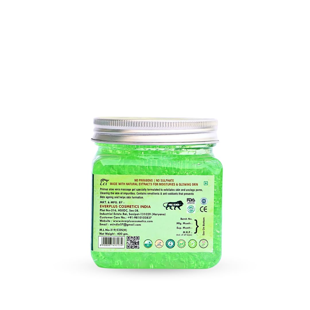 Primus Aloe Vera Face Massage Gel for All Skin Types - Repairs & Protects Skin - 400g - Perfect for Daily Hydration & Post-Sun Care