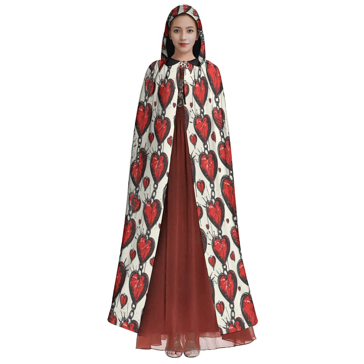 Chained Hearts Microfiber Hooded Cloak - Soft & Warm Unisex Hooded Cape for Cosplay, Halloween, LARP & Fantasy Costumes
