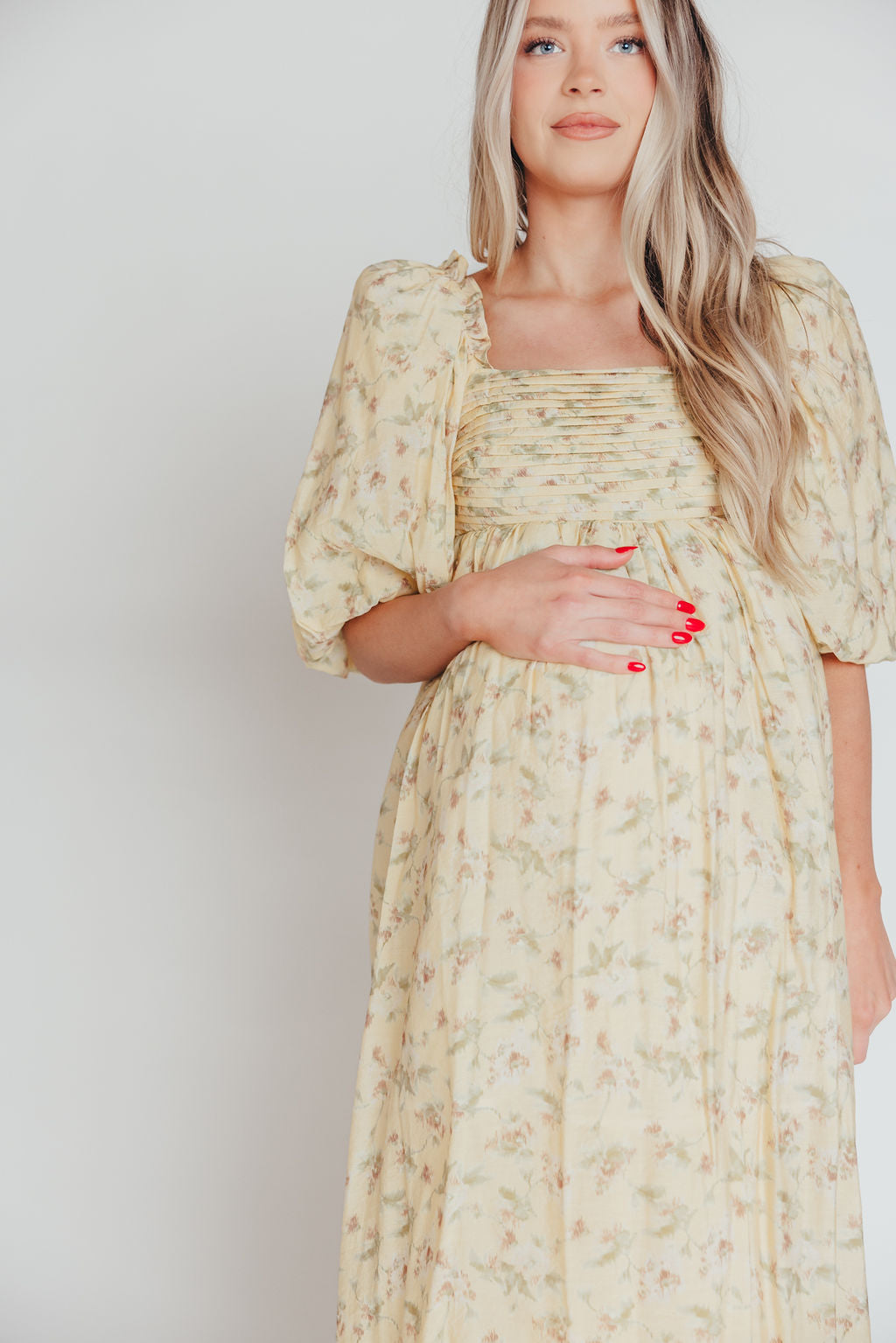 Melody Maxi Dress with Pleats & Bow Detail - Yellow Floral Print | Bump Friendly Maternity Dress | Inclusive Sizing (S-3XL) | Perfect for Weddings, Baby Showers & Summer Vacations