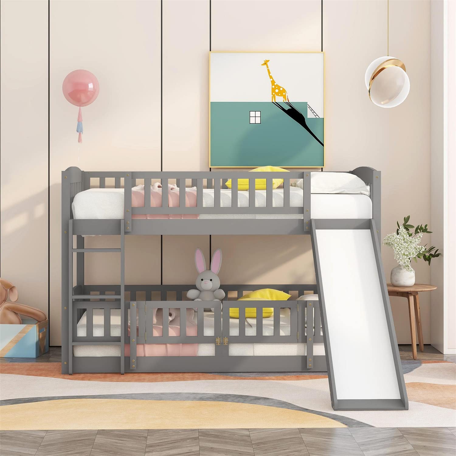 Twin Over Twin Bunk Bed with Slide - Solid Wood Bunk Bed Frame with Double Doors, Safety Fence & Ladder for Kids, Teens & Adults - Space-Saving Grey Bunk Bed No Box Spring Needed - Perfect for Small Bedrooms, Kids' Rooms & Guest Rooms