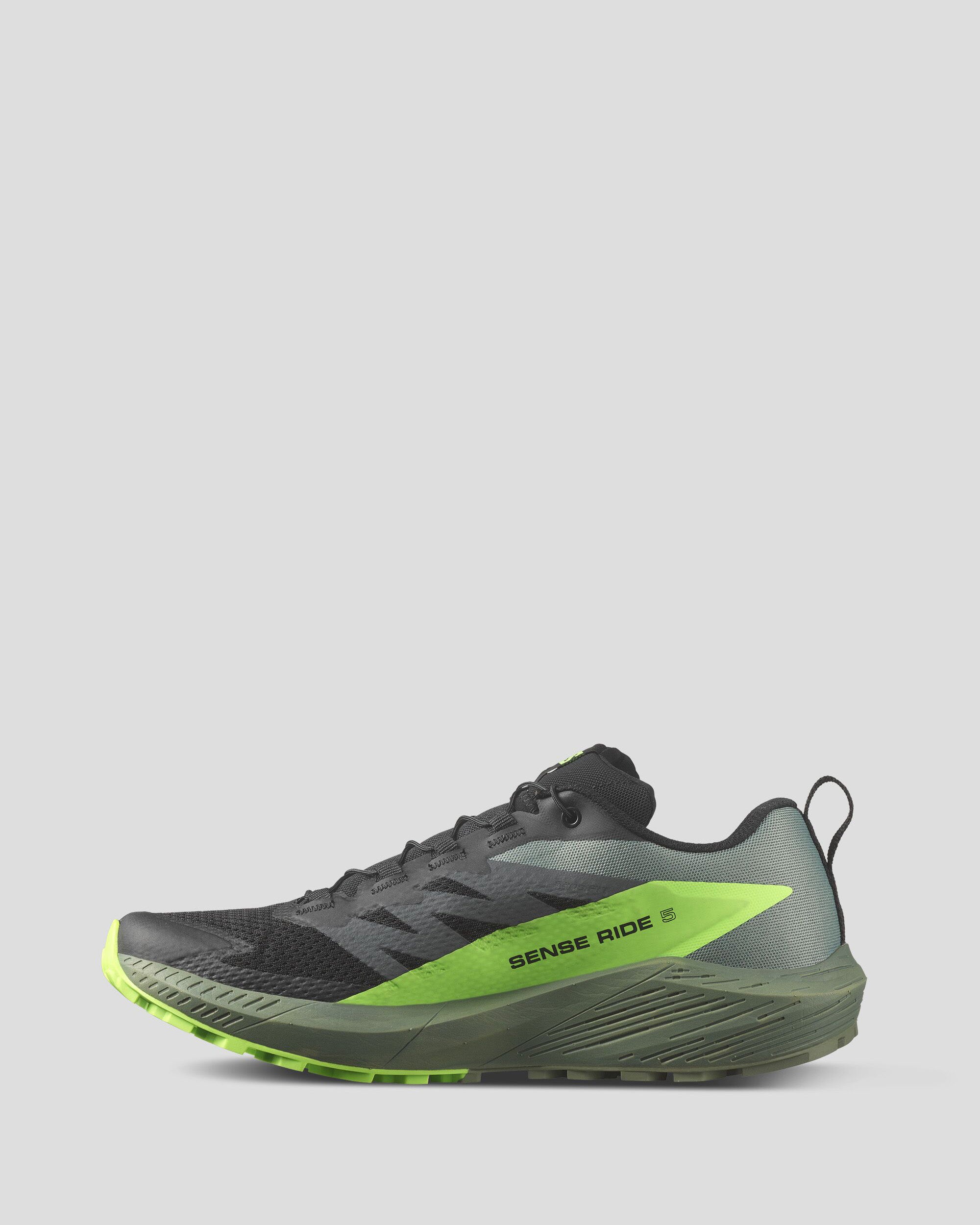 Salomon Sense Ride 5 Trail Running Shoes for Men - Lightweight & Durable Hiking Footwear for Outdoor Adventures (Black/Laurel Wreath/Green Gecko) | Perfect for Trail Running, Hiking & Mountain Climbing