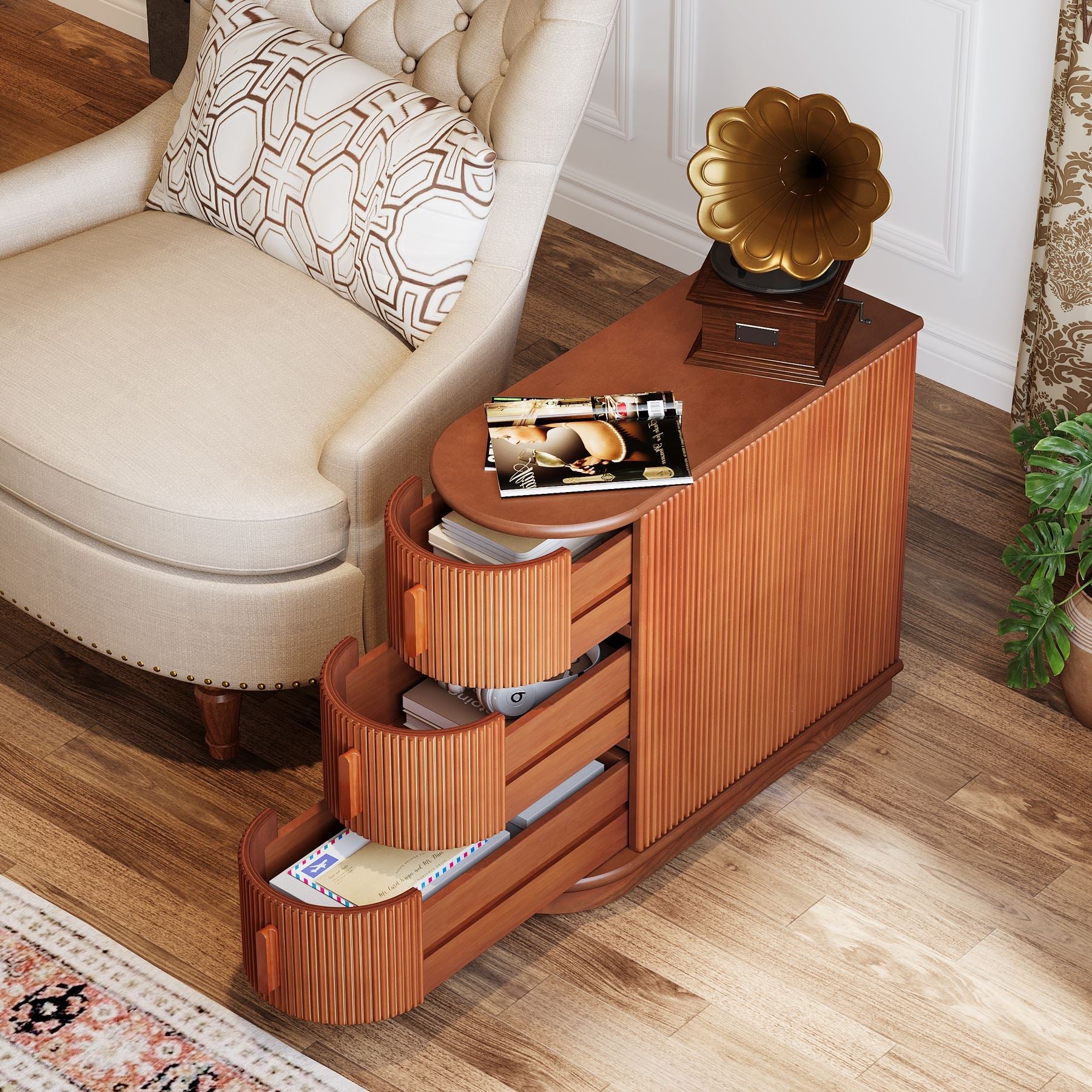 Modern Wooden End Table with 3 Drawers - Narrow Nightstand for Small Spaces | Perfect for Bedroom, Living Room & Office Use
