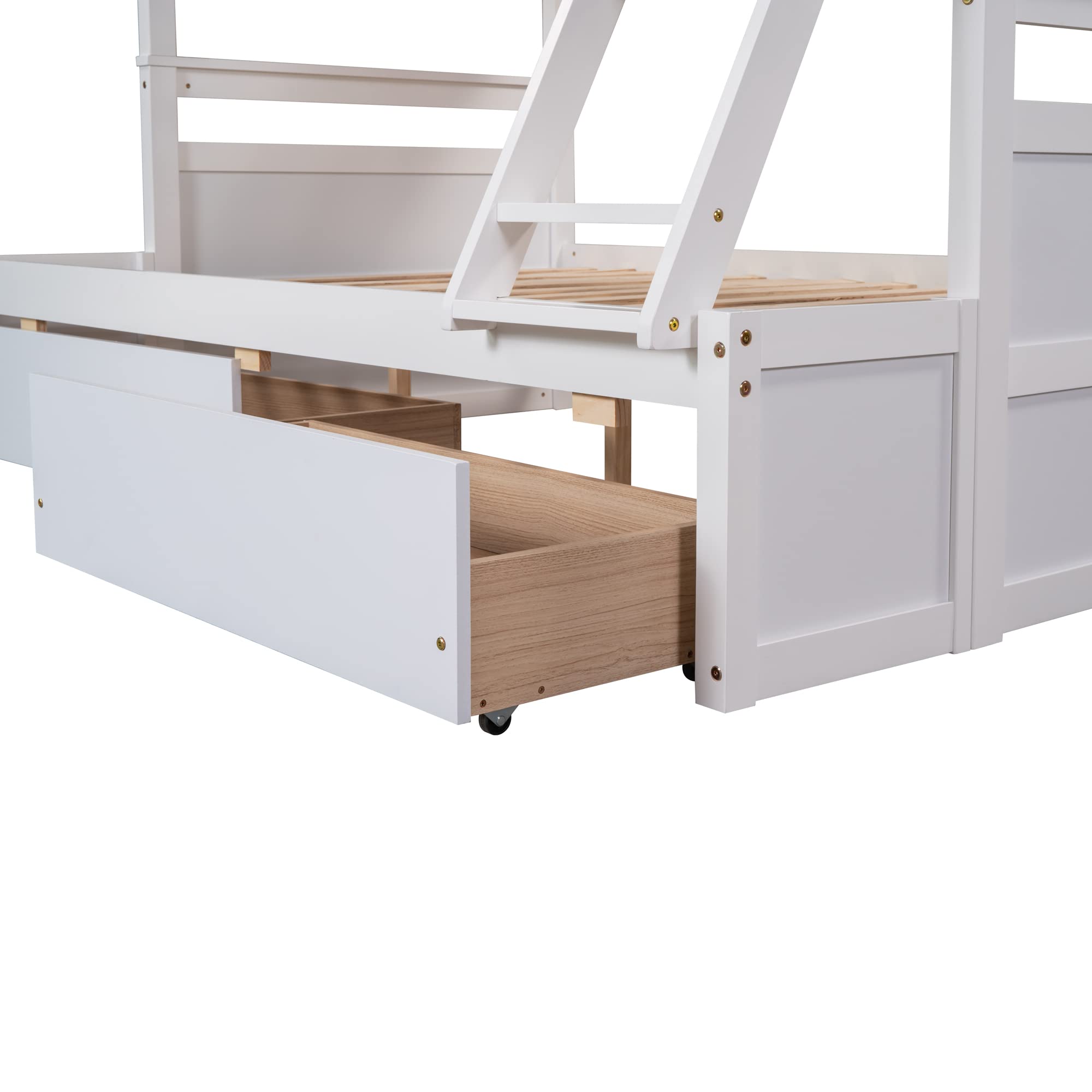 Twin Over Full Bunk Bed with Storage - Solid Wood Frame - Safety Guardrail & Ladder - Convertible to 2 Beds - Perfect for Kids & Teens Rooms