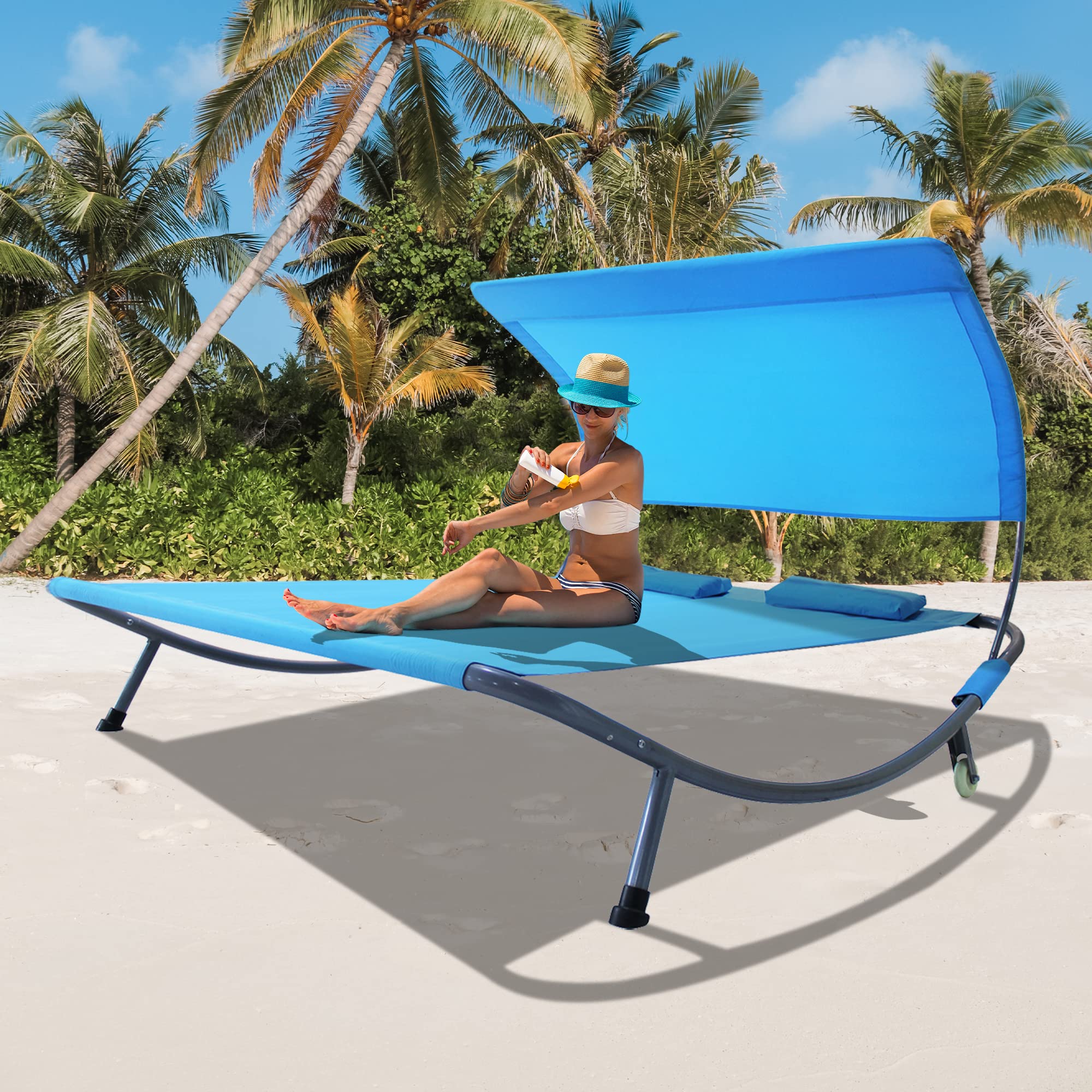 Outdoor Double Chaise Lounge Bed with Canopy & Headrest Pillow - Portable Patio Daybed with Wheels for Deck, Garden, Poolside, Sunroom & Indoor Use - Perfect for Relaxing, Sunbathing & Lounging (Blue)