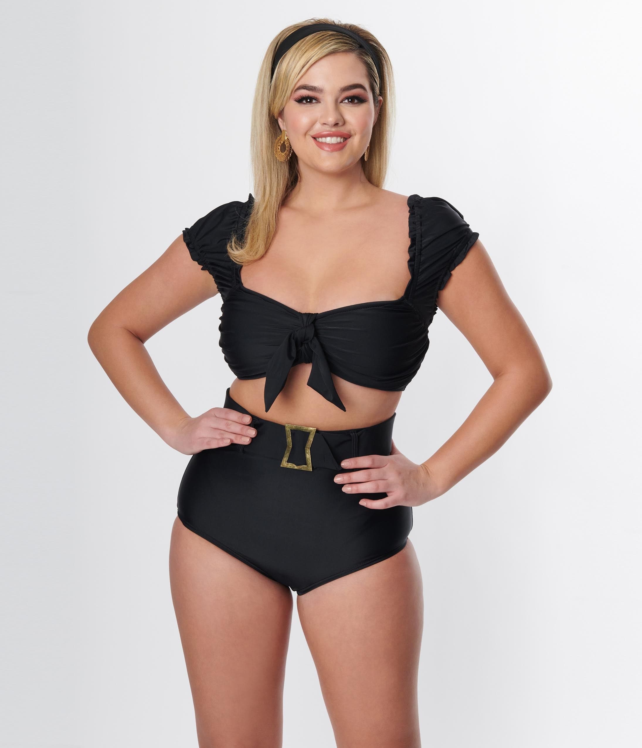 Vintage Black Shirred Bow Bandeau Swim Top - Retro High Waisted Bathing Suit for Women, Beach Vacation & Pool Party Swimwear