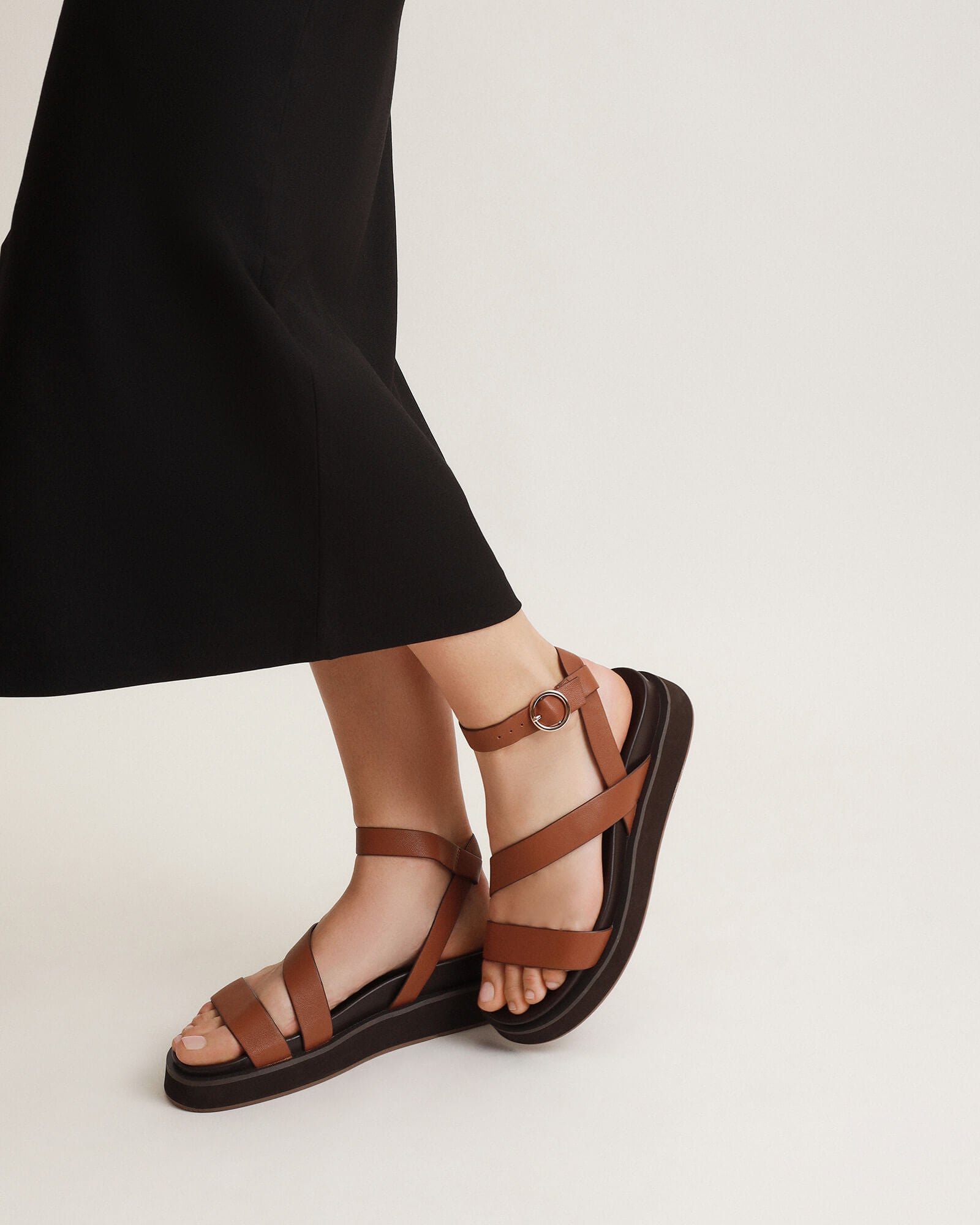 MARAIS Flat Sandals for Women - Dark Tan Genuine Leather Comfortable Slide Sandals | Perfect for Beach, Vacation, and Summer Outfits