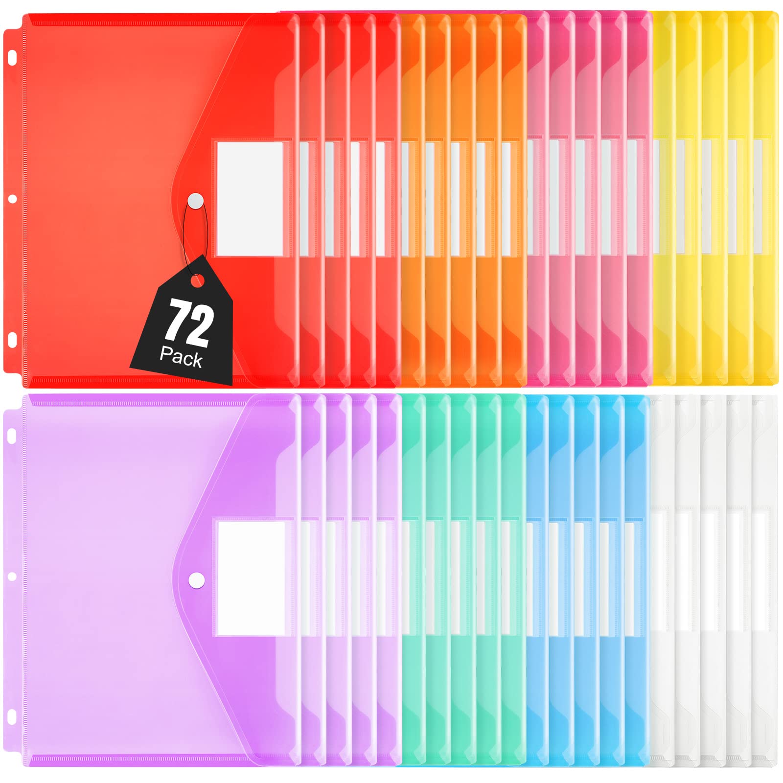 72-Pack Multicolor Plastic Binder Pocket Folders with Snap Button & Label - 11.54 x 8.6 Inches - 3-Ring Binder Envelopes for School, Office, Home Organization & Document Storage