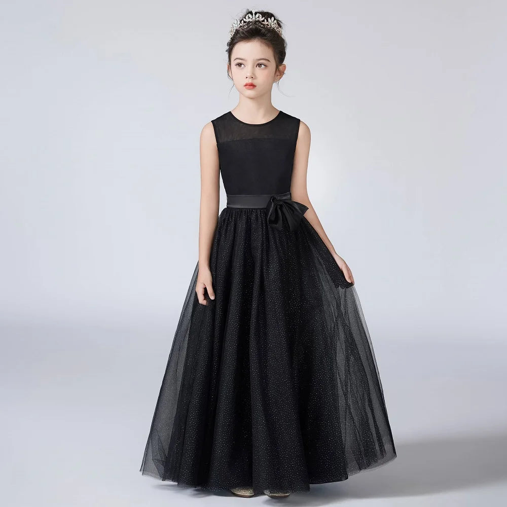 Shiny Black Tulle O-Neck Girls Party Dress - Elegant Formal Wear for Birthday, Wedding & Special Occasions