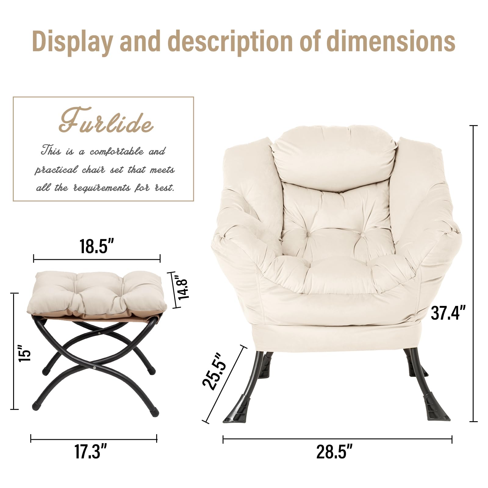 Modern Lazy Chair with Ottoman - Folding Footrest Lounge Accent Chair, Comfortable Oversized Armchair for Reading, Bedroom, Living Room & Study - Perfect for Relaxing, Napping & Home Decor (Beige)