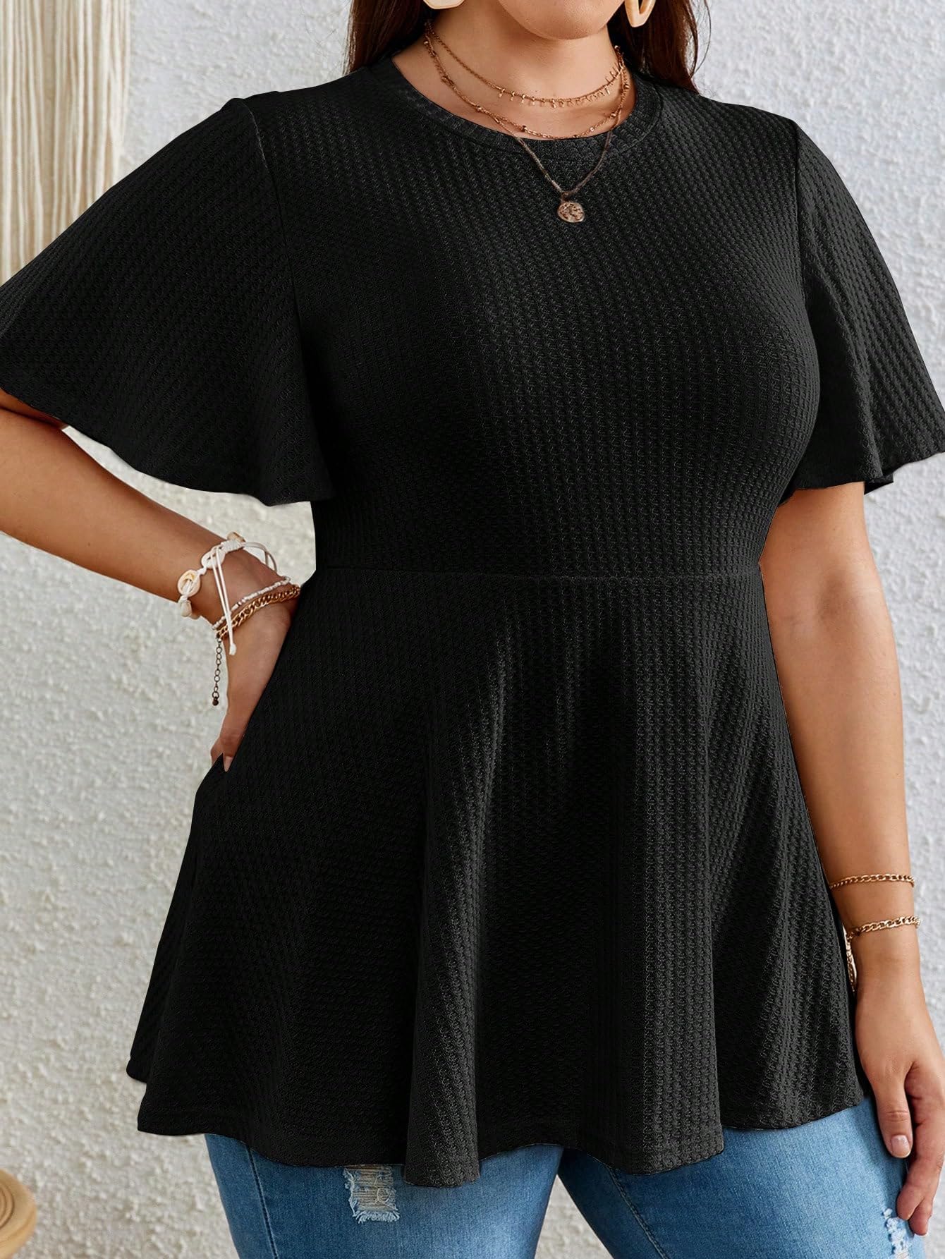 OYOANGLE Plus Size Women's Short Sleeve Peplum Blouse - Waffle Knit Flared Round Neck Tops for Casual Wear & Office Outfits