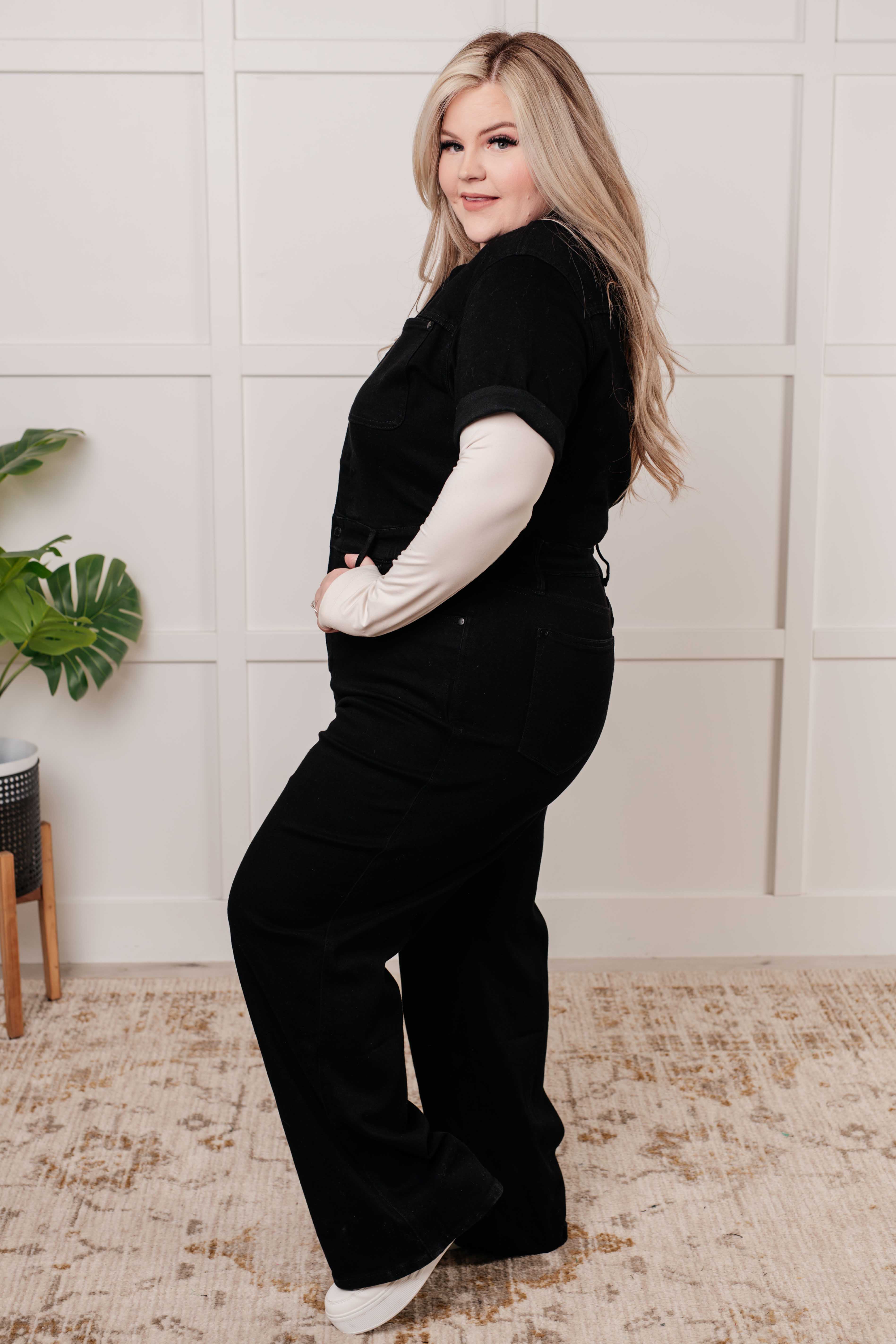 Tilda Short Sleeve Control Top Denim Jumpsuit for Women - Slimming Stretch Romper with Pockets | Perfect for Casual Outings, Date Nights & Summer Fashion