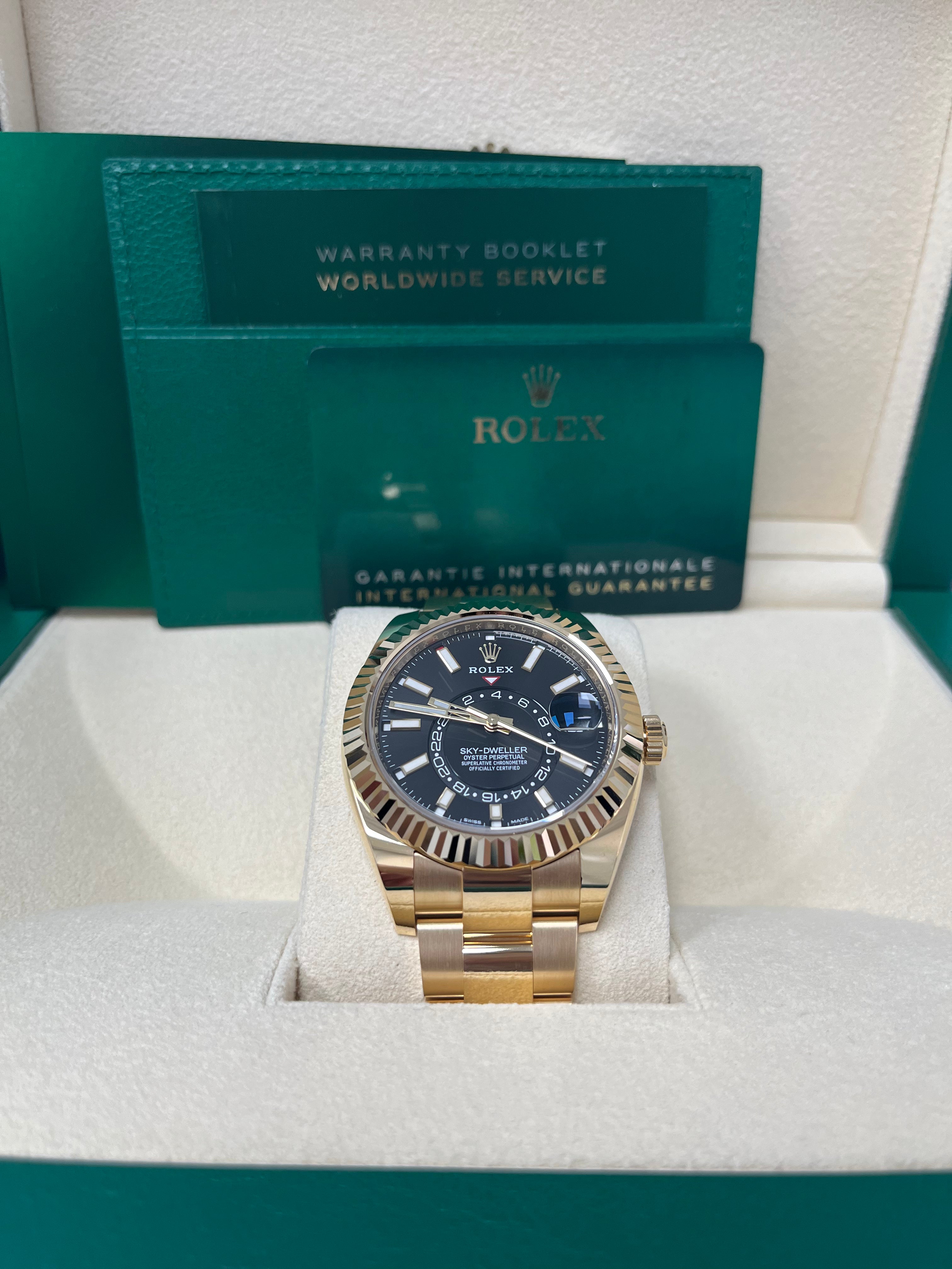 Rolex Sky Dweller 18K Yellow Gold Men's Watch with Black Index Dial & Oyster Bracelet (Ref# 326938) - Luxury Timepiece for Business, Travel & Special Occasions