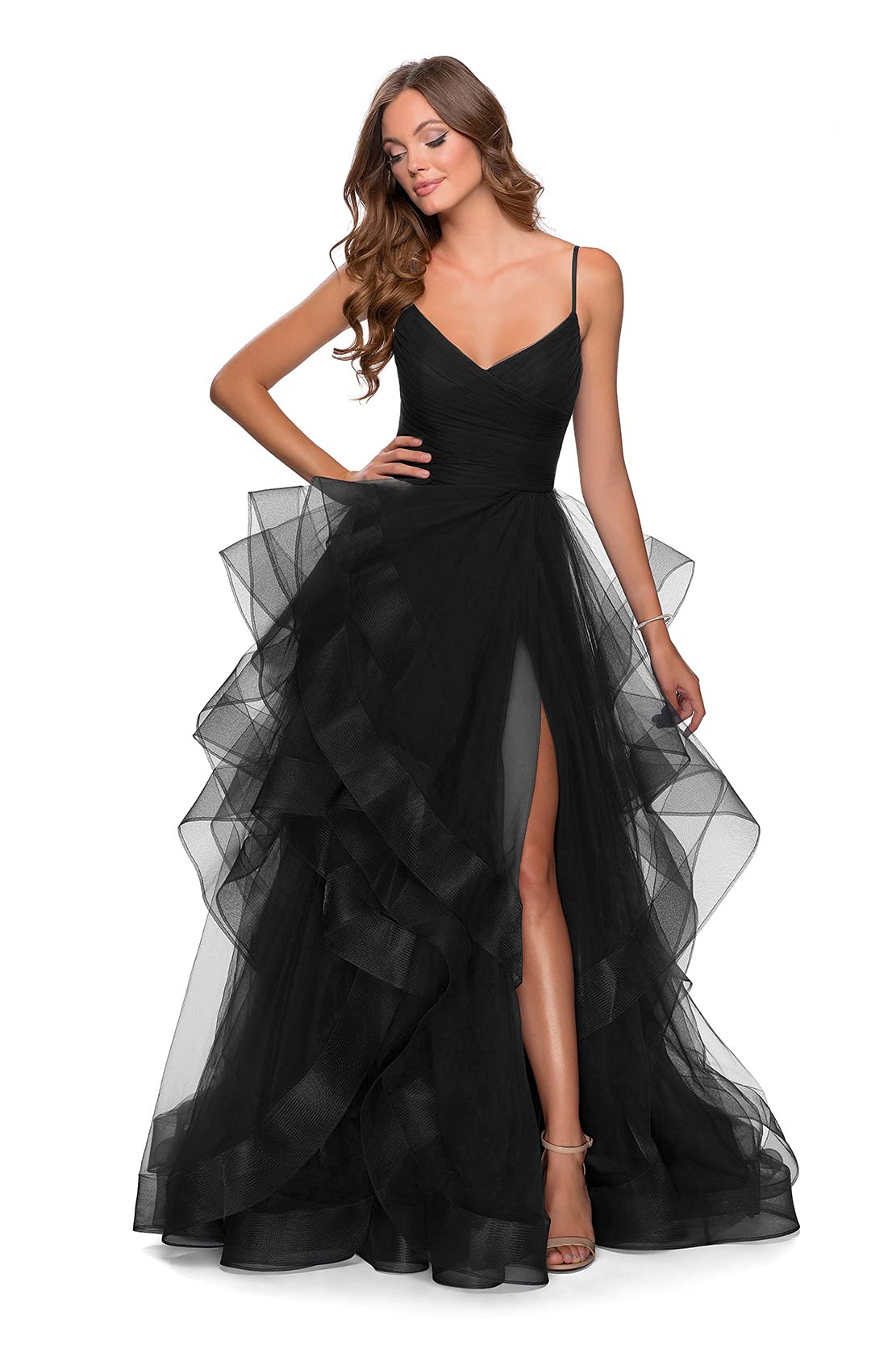 Elegant Spaghetti Strap Tulle Party Dress for Women - Long V-Neck A-Line Prom Gown with High Slit | Perfect for Evening Events, Dances & Special Occasions