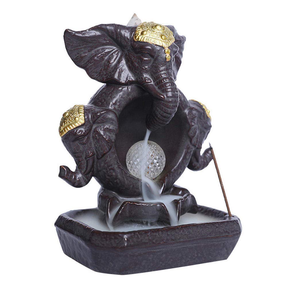 DSQK Ceramic Ganesha Backflow Incense Burner with LED Light - Elephant God Aromatherapy Diffuser for Home Décor, Feng Shui & Meditation | Perfect for Yoga Rooms, Spiritual Spaces & Gift Giving
