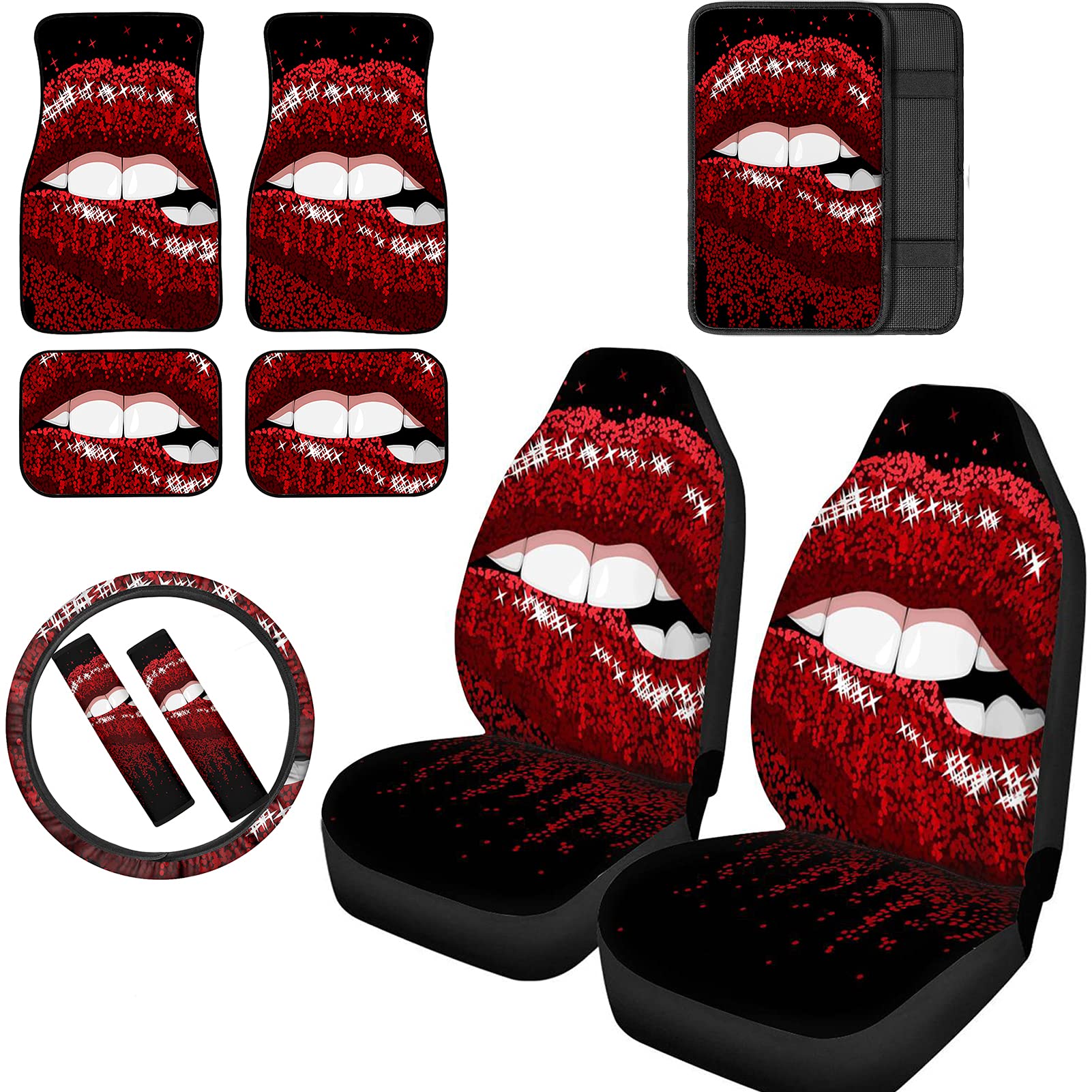 FUIBENG Bling Red Lip Kiss Print Car Seat Cover Set - Universal Fit for Most Vehicles | Includes Steering Wheel Covers, Seatbelt Pads, Armrest Cushions & Floor Mats | Stylish Car Interior Accessories for Women & Girls | Perfect for Daily Commute, Road Trips & Gift Giving