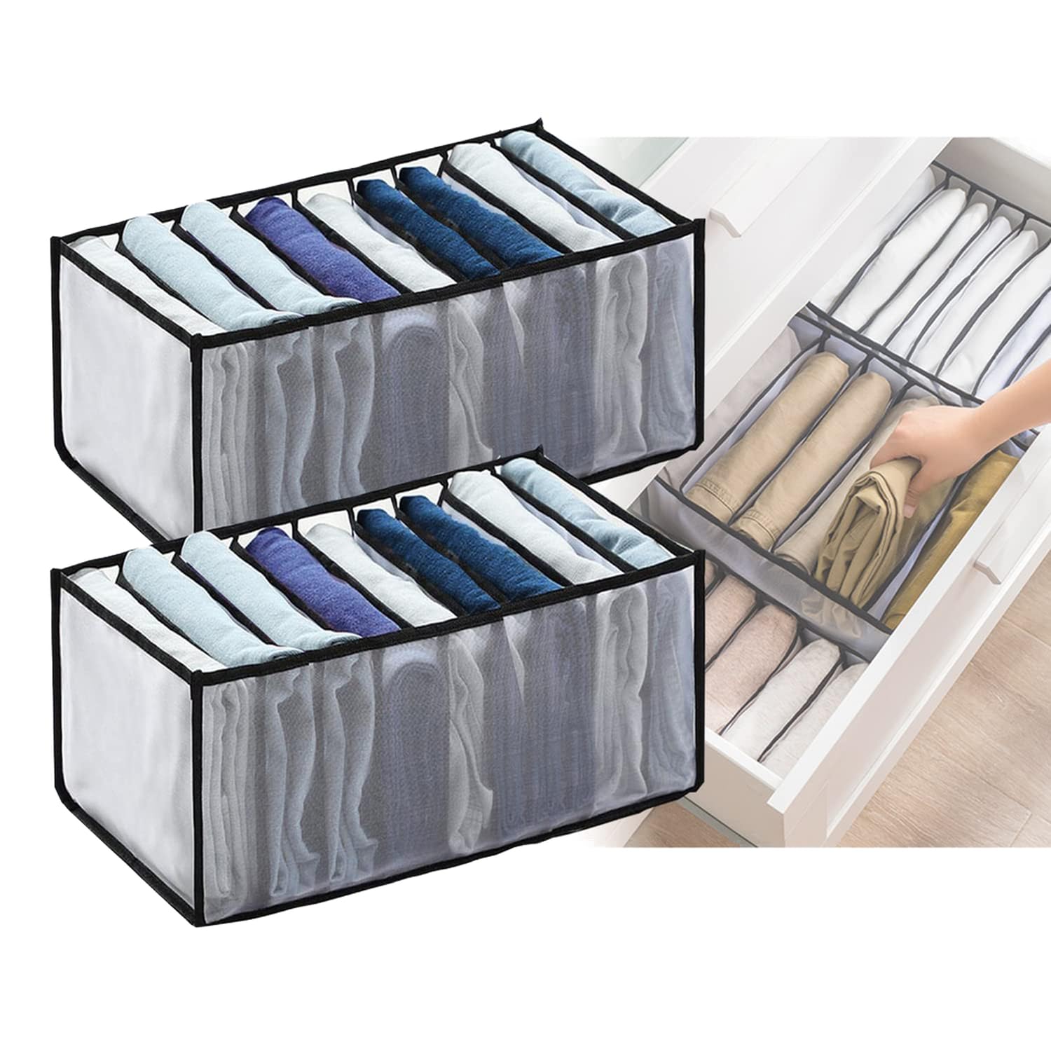 9 Grid Washable Foldable Drawer Organizer for T-Shirts & Clothes - Set of 2 Black Storage Boxes | Perfect for Closet, Dresser & Wardrobe Organization | Space-Saving Clothing Compartment Solution for Home & Travel