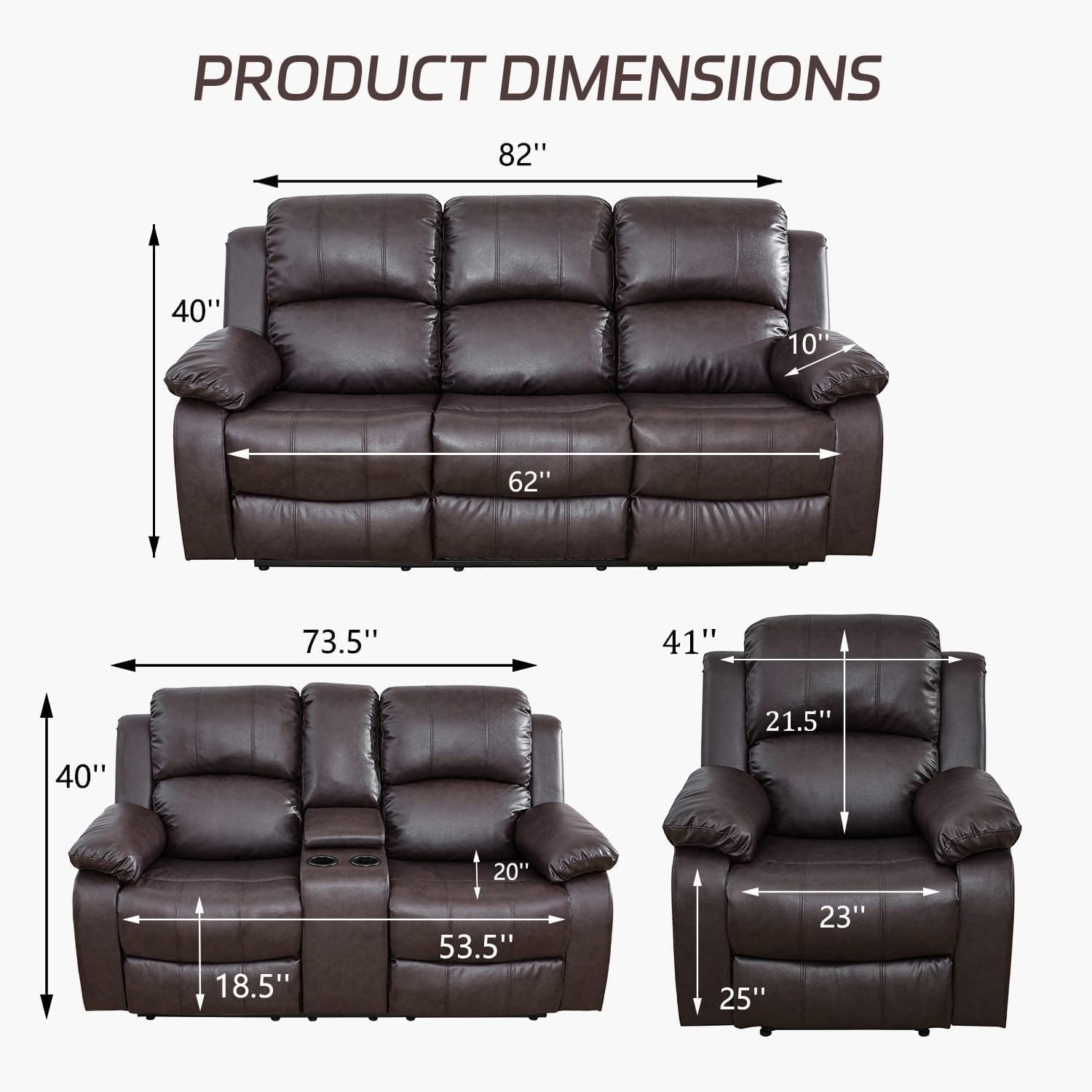 Premium Bonded Leather Reclining Sofa Set - 3 Piece Living Room Furniture (Loveseat & Recliners, Black) for Home Theater & Family Relaxation