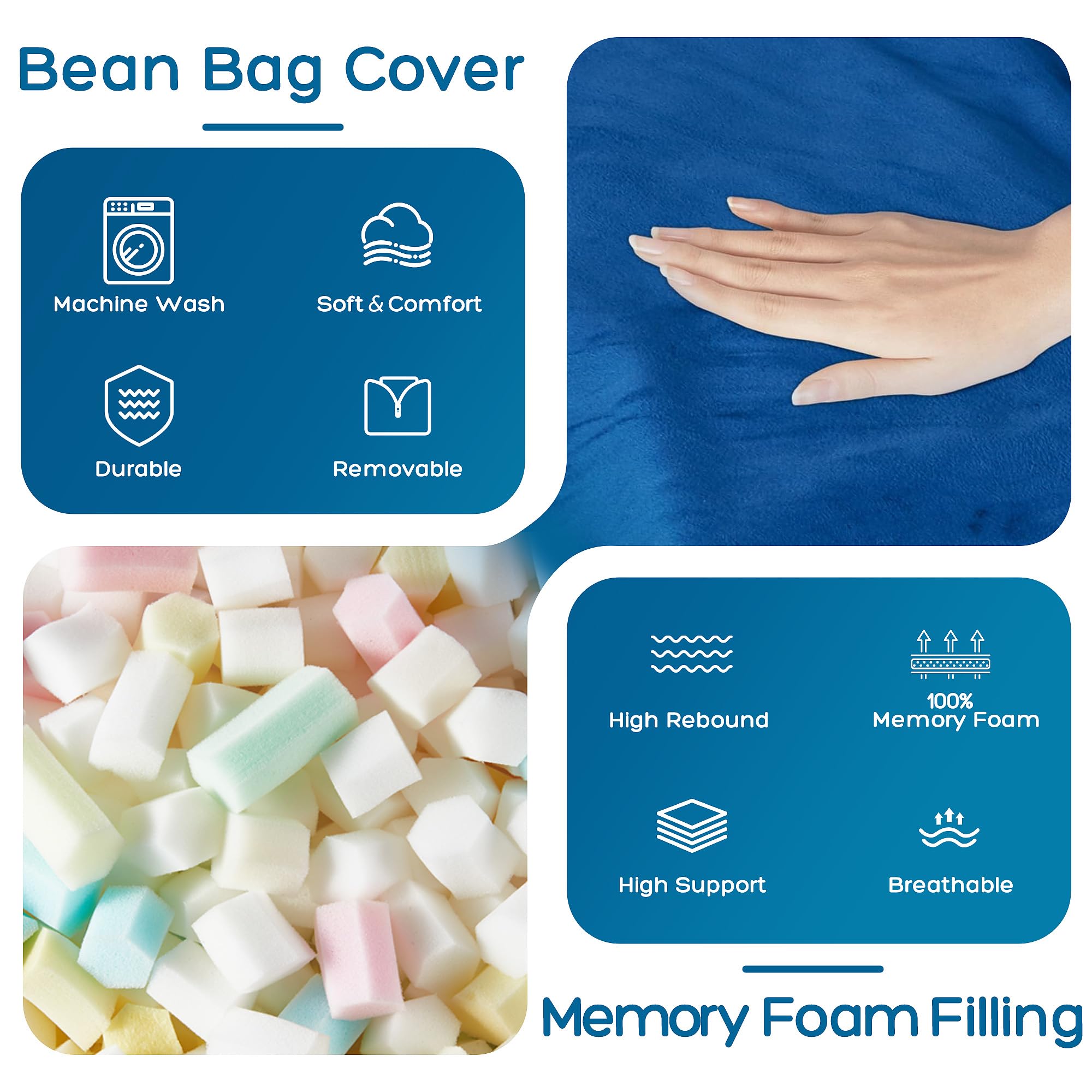 HABUTWAY 4' Giant Memory Foam Bean Bag Chair for Adults - Ultra Soft Microfiber Cover, 4 Feet Large Size (Blue) - Perfect for Living Room, Bedroom, Game Room & Relaxation