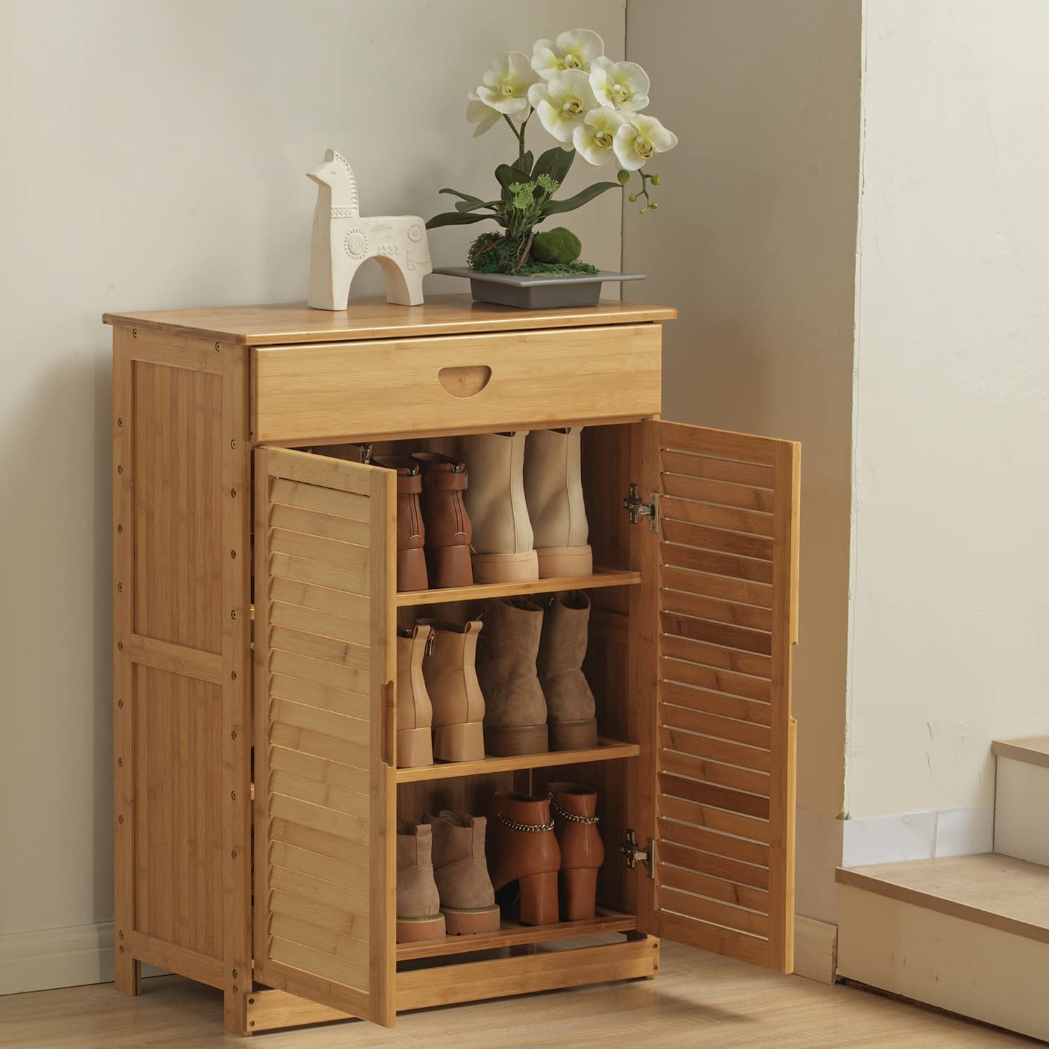 MoNiBloom 3-Tier Bamboo Shoe Storage Cabinet with Drawer & Shutter Door - Holds 6-10 Pairs of Shoes - Space-Saving Entryway, Hallway, Living Room Organizer - Natural Wood Finish - Perfect for Small Apartments & Closet Organization