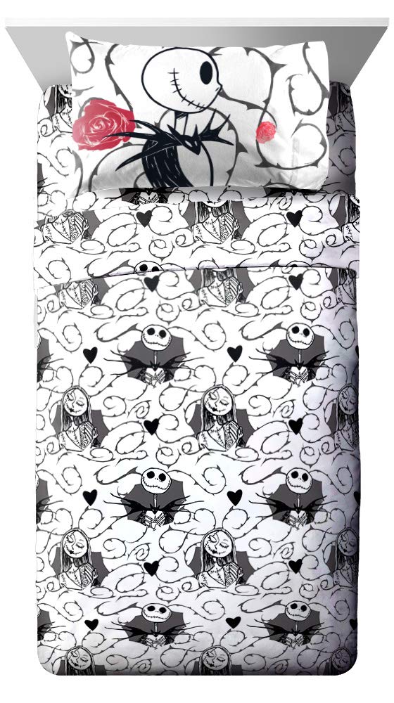 Disney Nightmare Before Christmas Twin Bed Set - 5 Piece Reversible Comforter & Sheet Set with Jack Skellington & Sally - Super Soft Microfiber Bedding for Kids & Teens - Perfect for Halloween & Christmas Decor