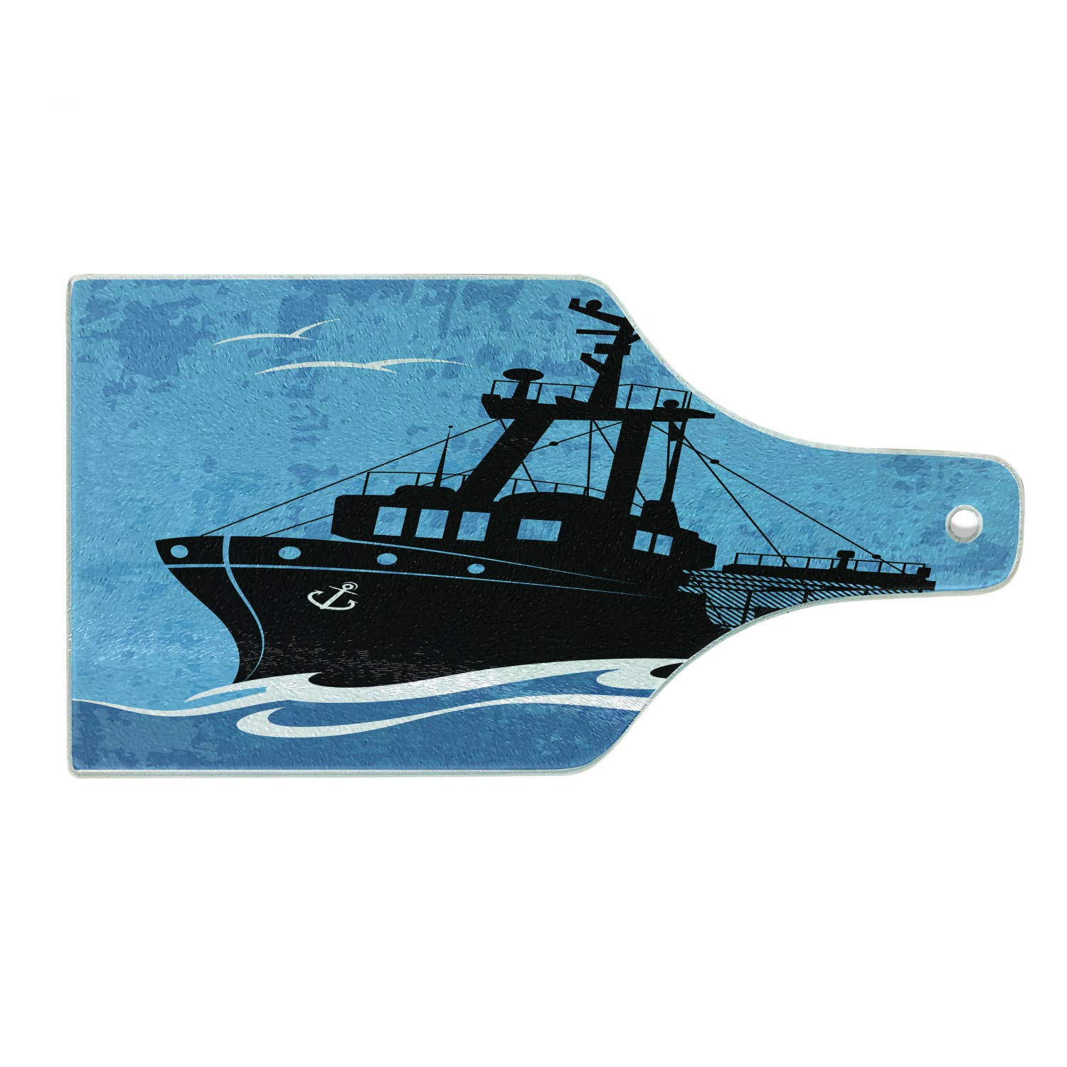 Ambesonne Nautical Blue Tempered Glass Cutting Board - Fishing Boat on Wavy Sea Design - Decorative Serving Board for Kitchen & Dining - Wine Bottle Shape in Sky Blue Grey - Perfect for Entertaining, Cooking, and Home Decor